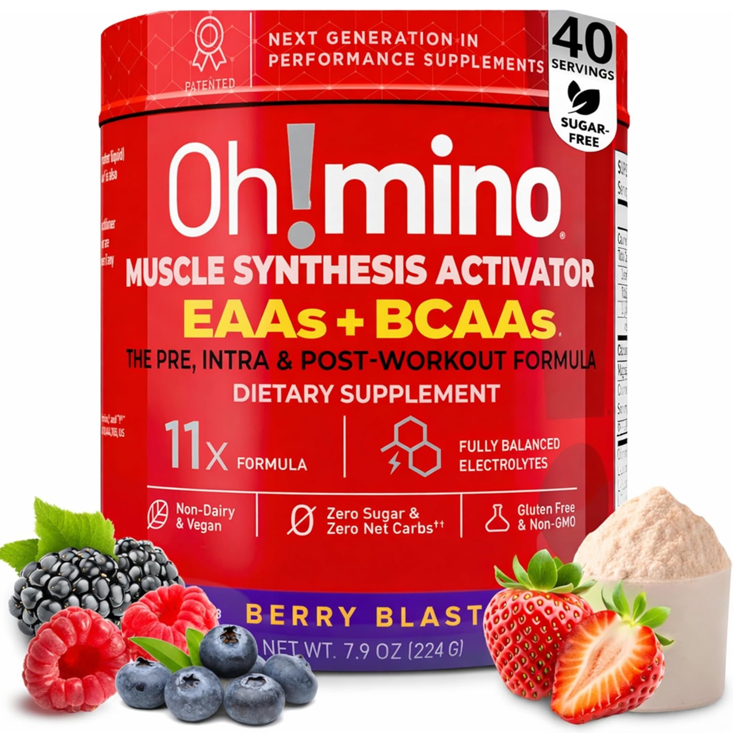 Oh!mino BCAA + EAA Powder, Berry, 40 Servings, 7.9 Ounce