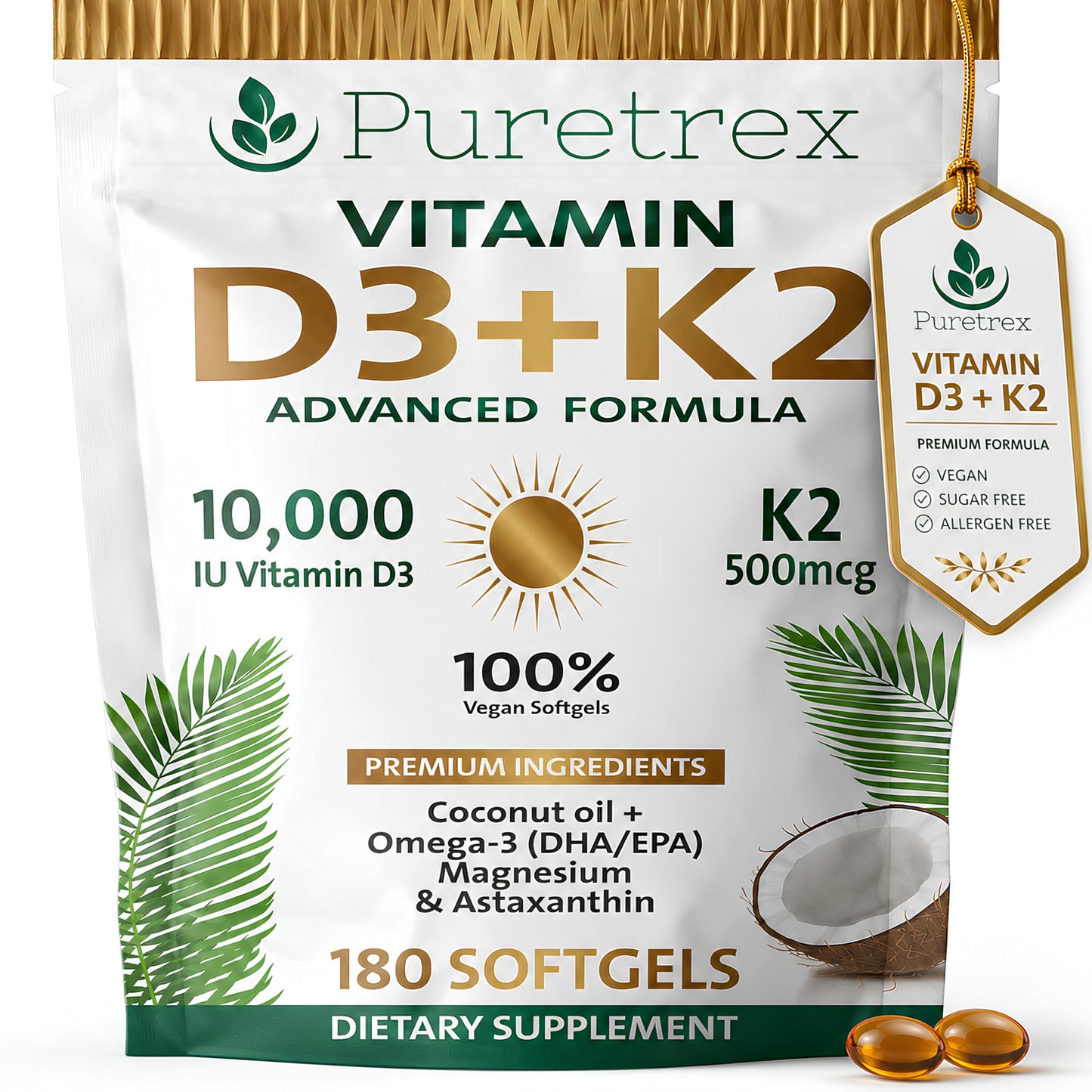 PURETREX Vitamin D3 K2 10000 IU with 500mcg MK7 (MK-7) - Advanced Formula Softgels 180 Count