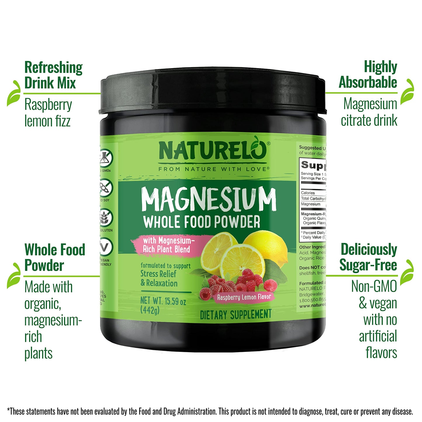 NATURELO Magnesium Powder 31.2 oz (Pack of 2)