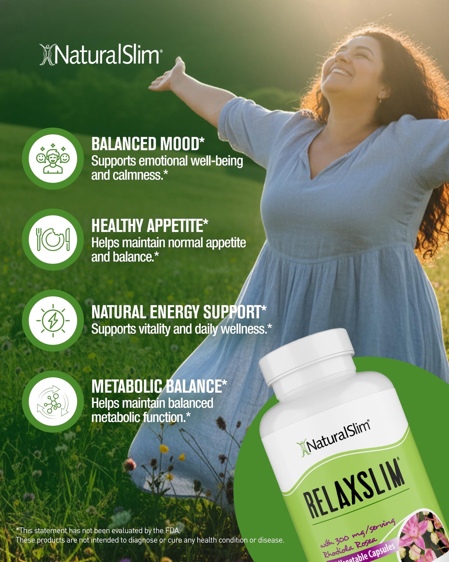 NaturalSlim Relaxslim Rhodiola Rosea & Adaptogenic Herb for Brain, Mood, Metabolism, Tension & Energy Support, 120 Capsules
