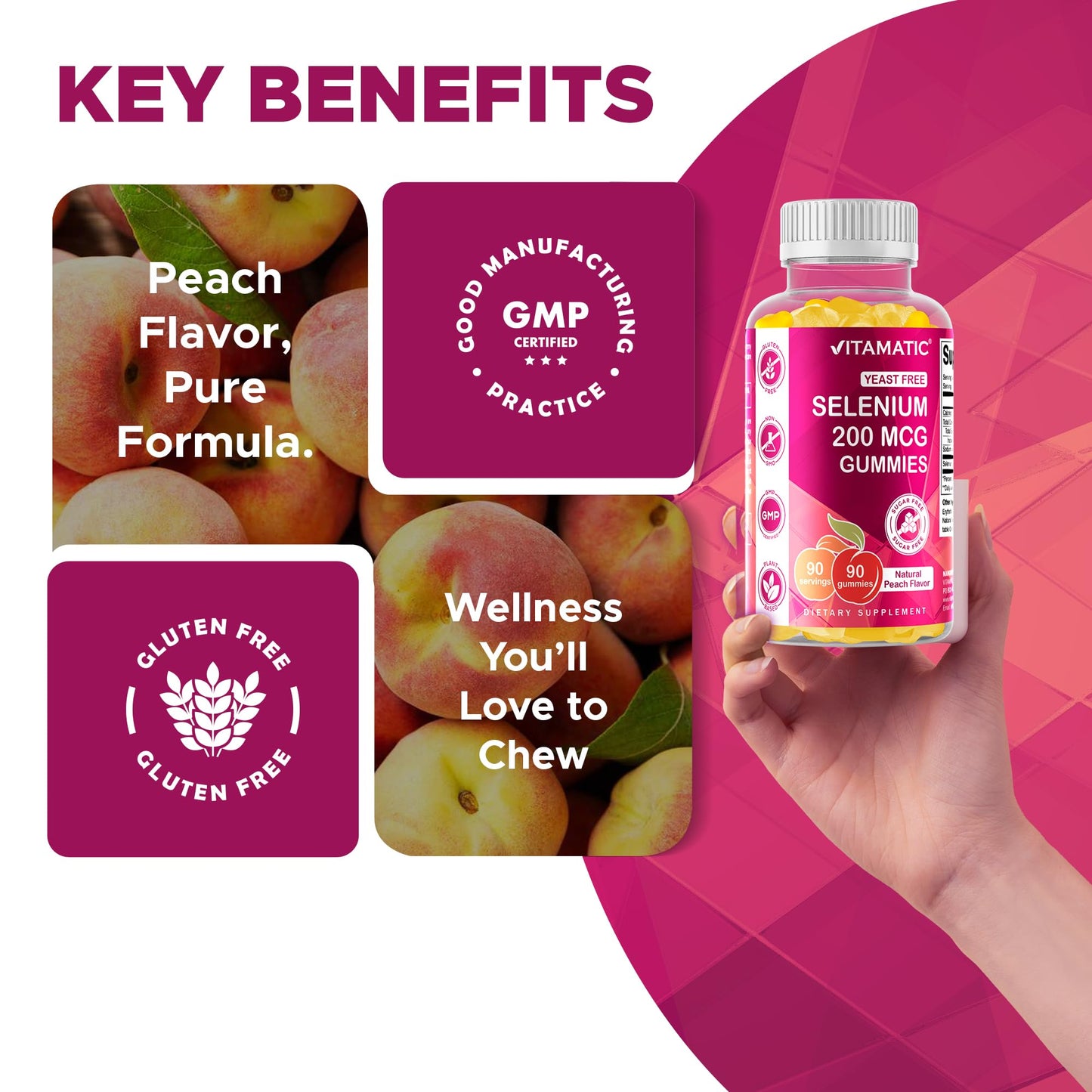 Vitamatic Yeast-Free Selenium Gummies 200mcg Selenomethionine, Essential Trace Mineral, 180 Gummies