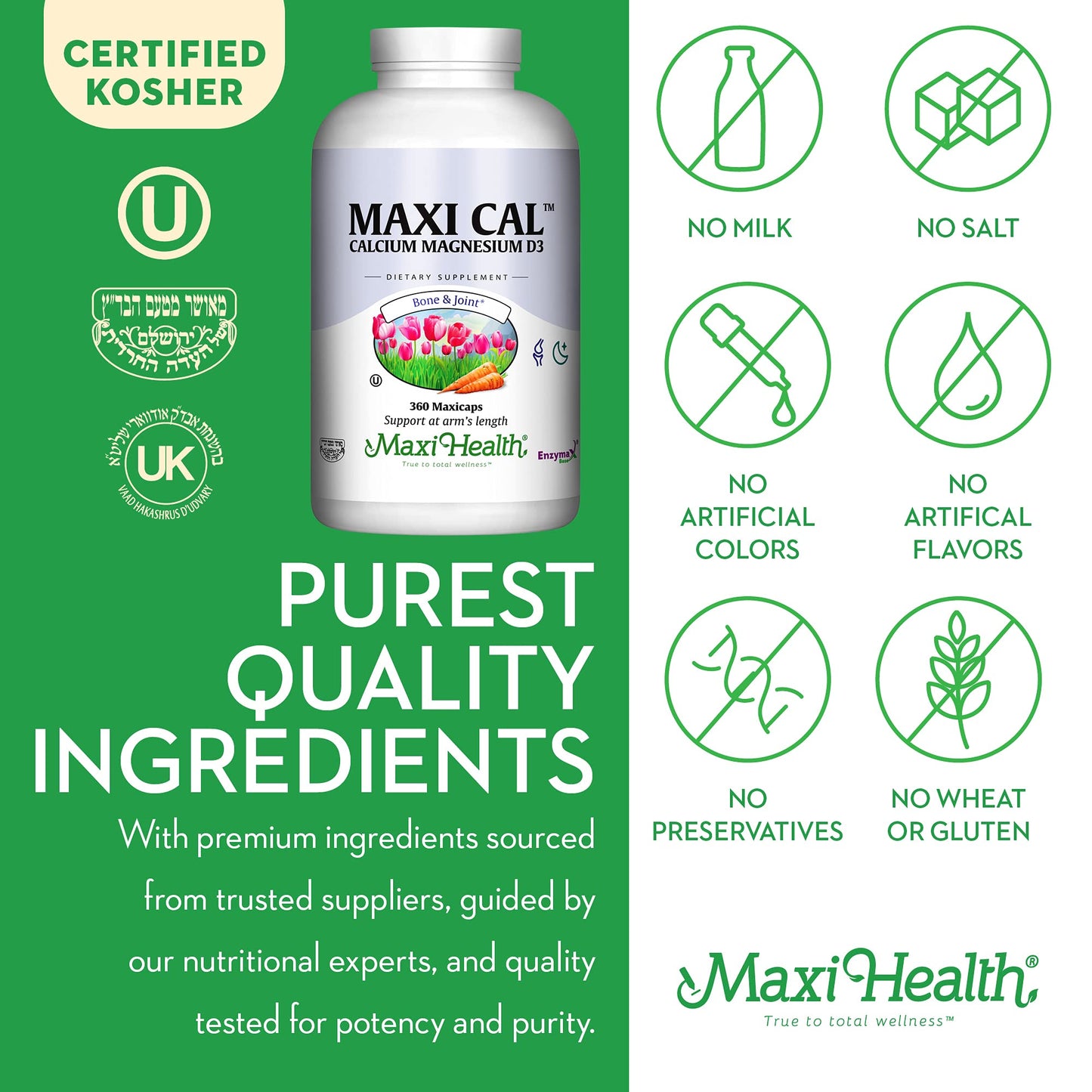 Maxi Health Calcium 1000 mg Supplement with Vitamin D3 (1000 IU) and Magnesium (500 mg) - Bone, Teeth and Joint Support for Men and Women, 360 Capsules