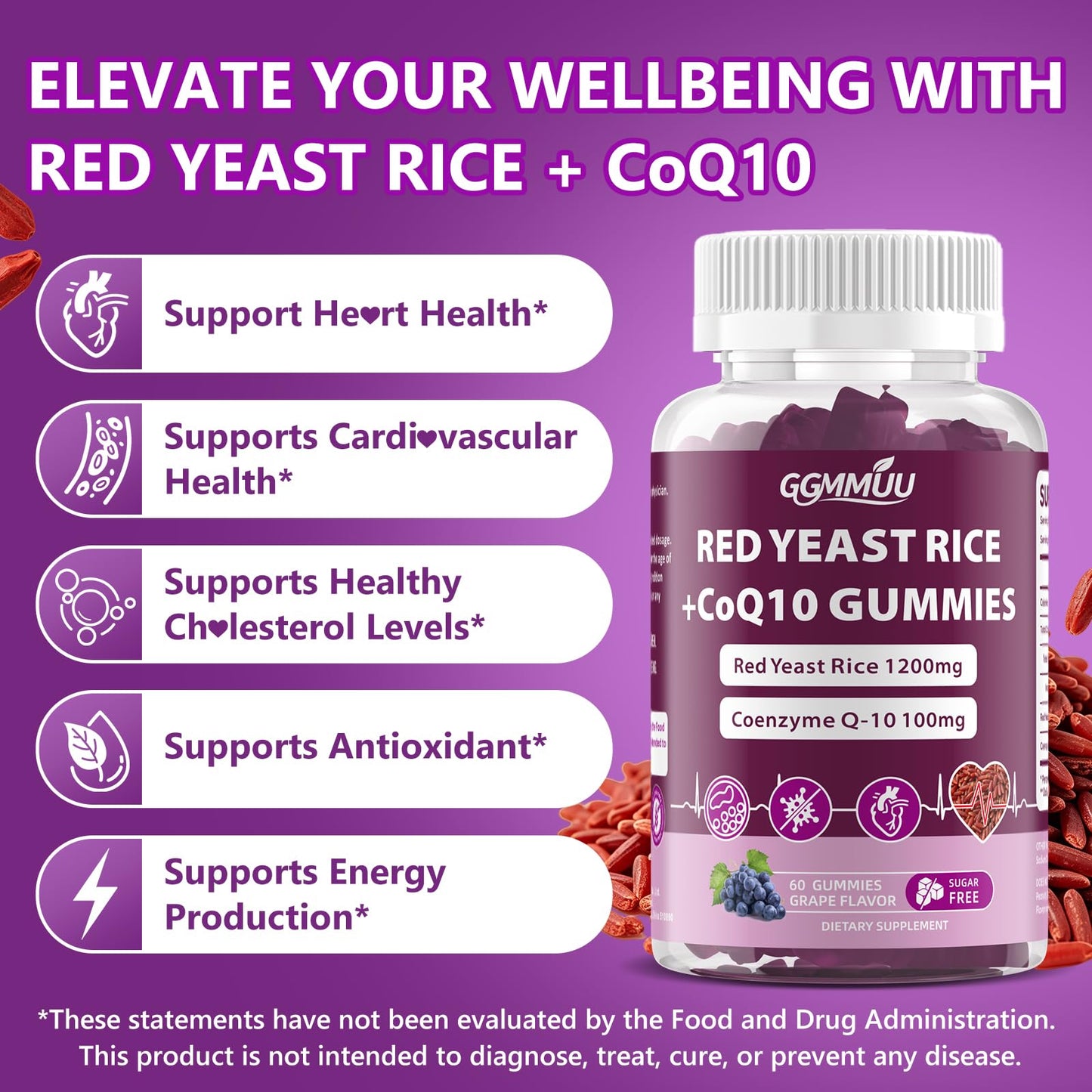 GGMMUU Red Yeast Rice with CoQ10 Gummies 1200mg, Sugar Free, 120 Count