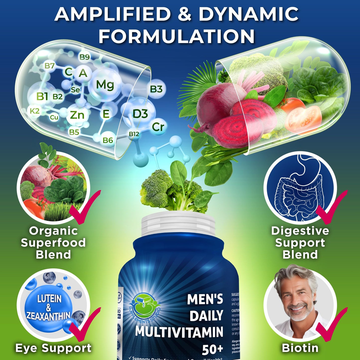 SUPPLEMENTS STUDIO Men's Daily Multivitamin 50 Plus Vegan Methylated Multivitamin for Men 50 and Over with Saw Palmetto Biotin Organic Superfoods Lutein Eye Energy Gut Health Support Capsules 60 Count
