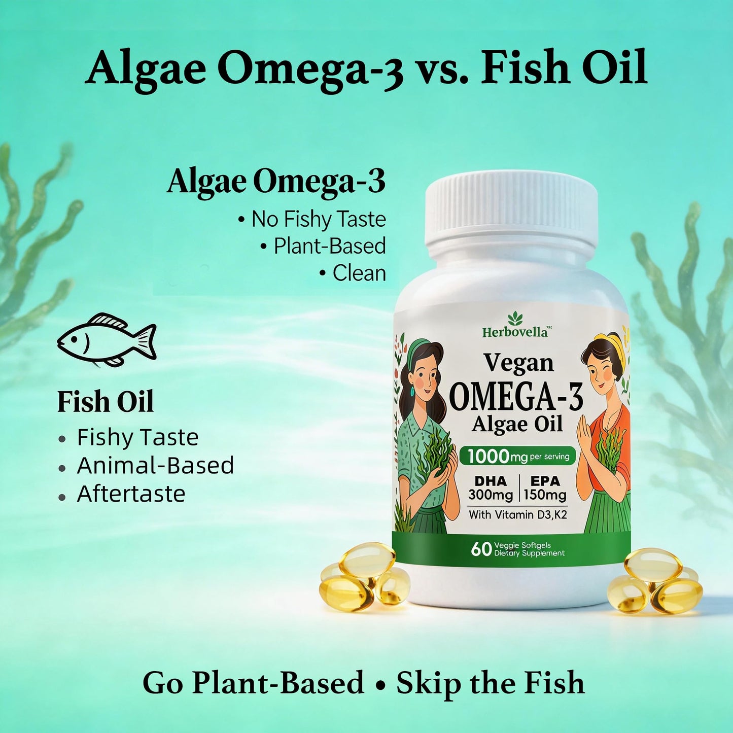 Herbovella Vegan Omega-3 Softgels, 60 Count
