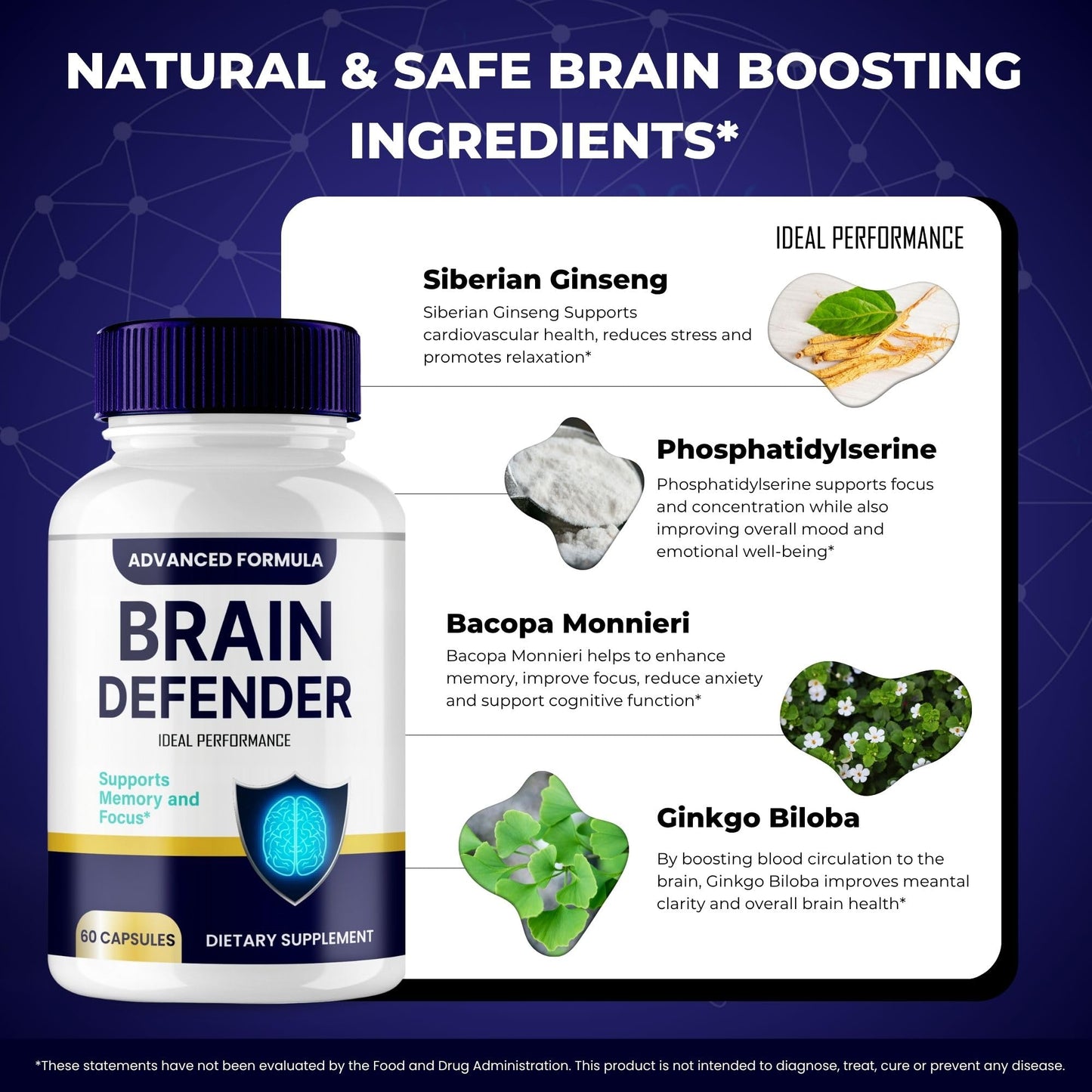 IDEAL PERFORMANCE Brain Defender Supplement Capsule 120 Count
