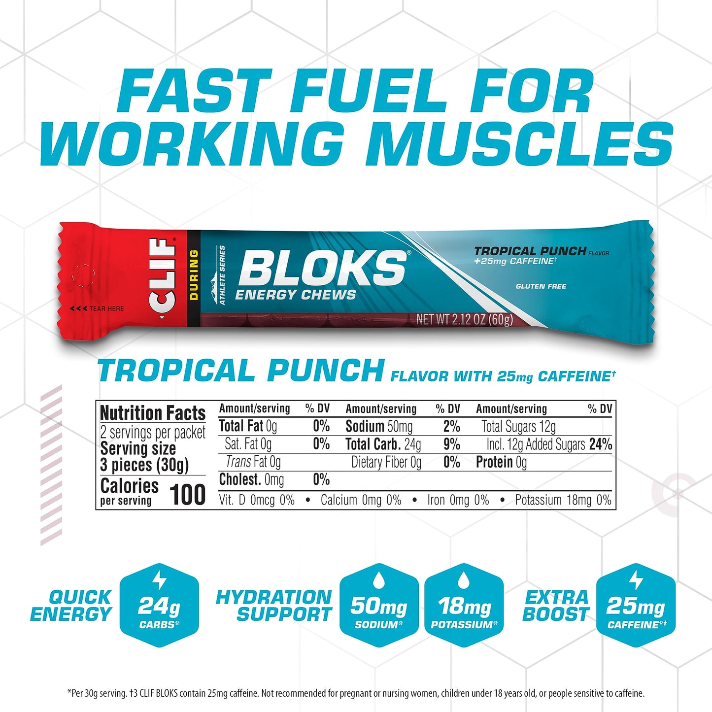 CLIF Bar BLOKS Chews Tropical Punch with Caffeine, 18 Count