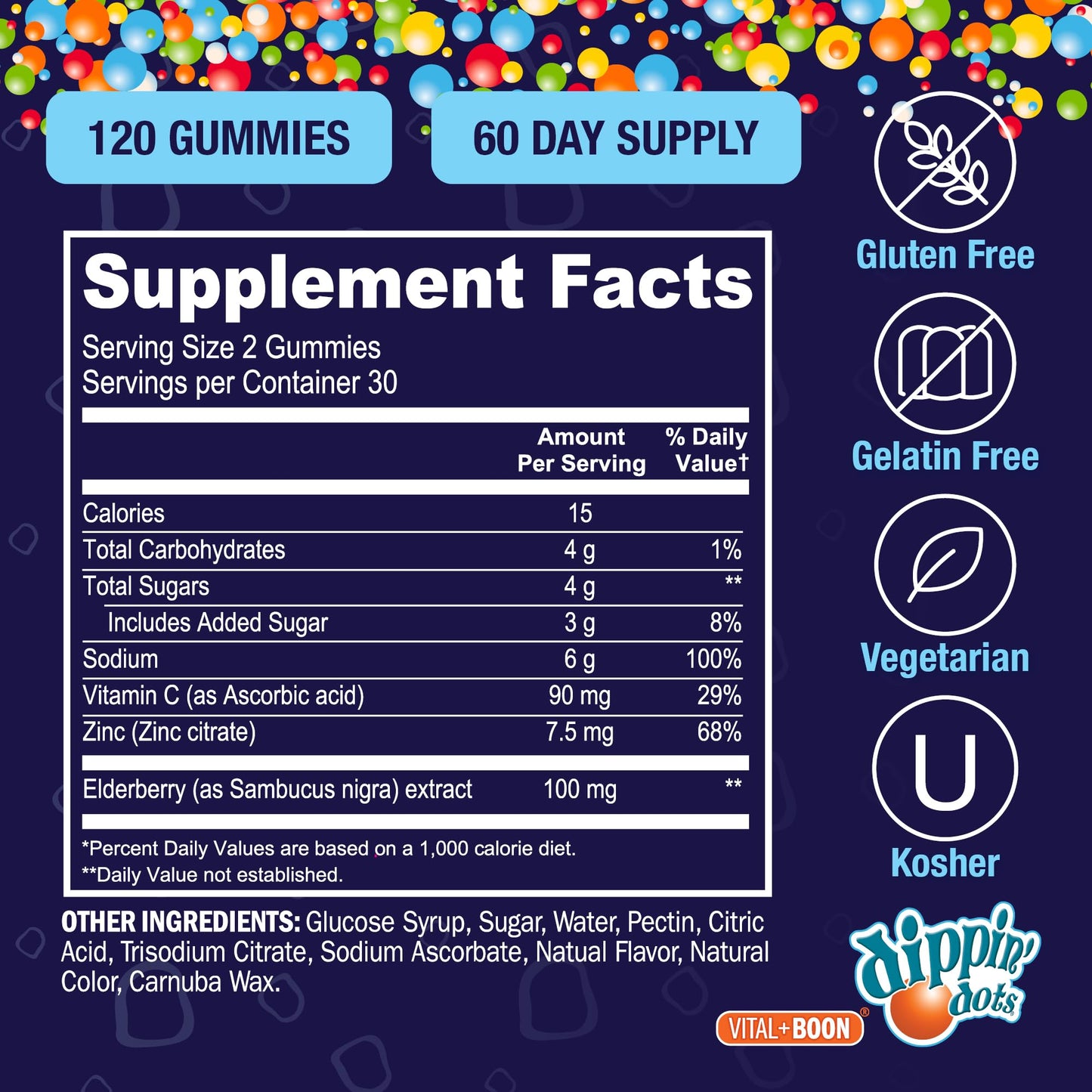 Vital+Boon Dippin' Dots Elderberry Gummies with Vitamin C and Zinc, 60 Count