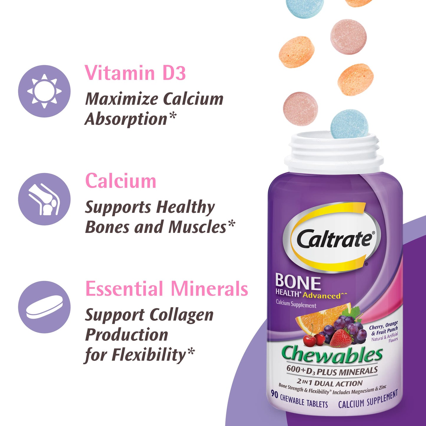 Caltrate Chewables 600 Plus D3 Minerals Calcium Vitamin D Supplement, 60 Count