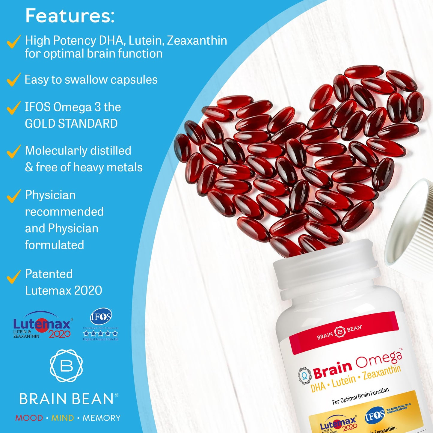 Brain Bean Brain Omega with Lutein and Zeaxanthin Softgels, 180 Count