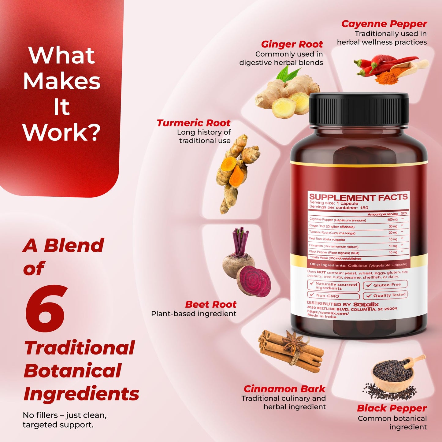 SOTALIX SUPPLEMENT Cayenne Pepper with Ginger Turmeric Cinnamon Black Pepper Digestion Support 150 Capsules
