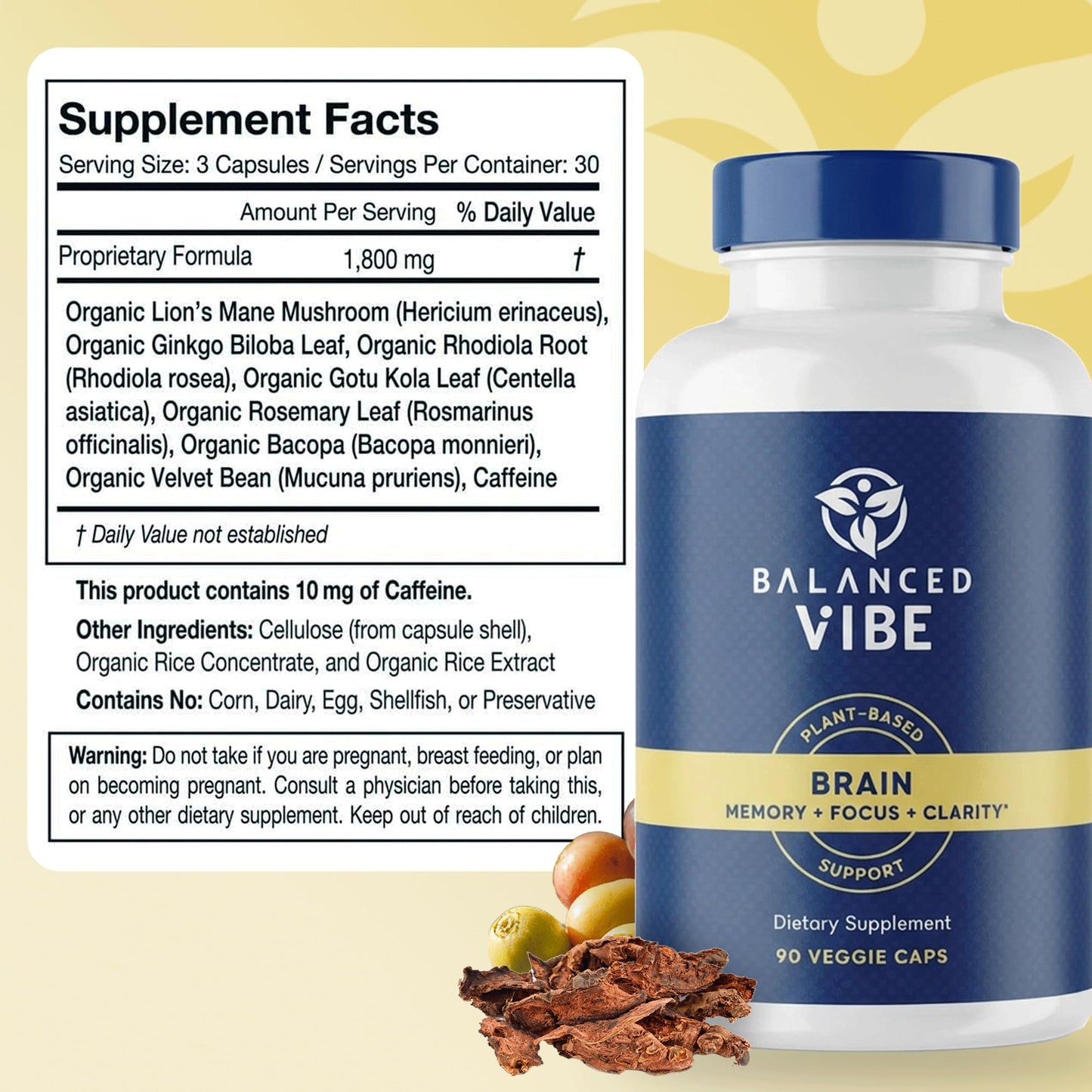 Balanced Vibe Brain Supplement 8 in 1 with Lion's Mane, Bacopa, Rhodiola, Ginkgo Capsules, 90 Capsules