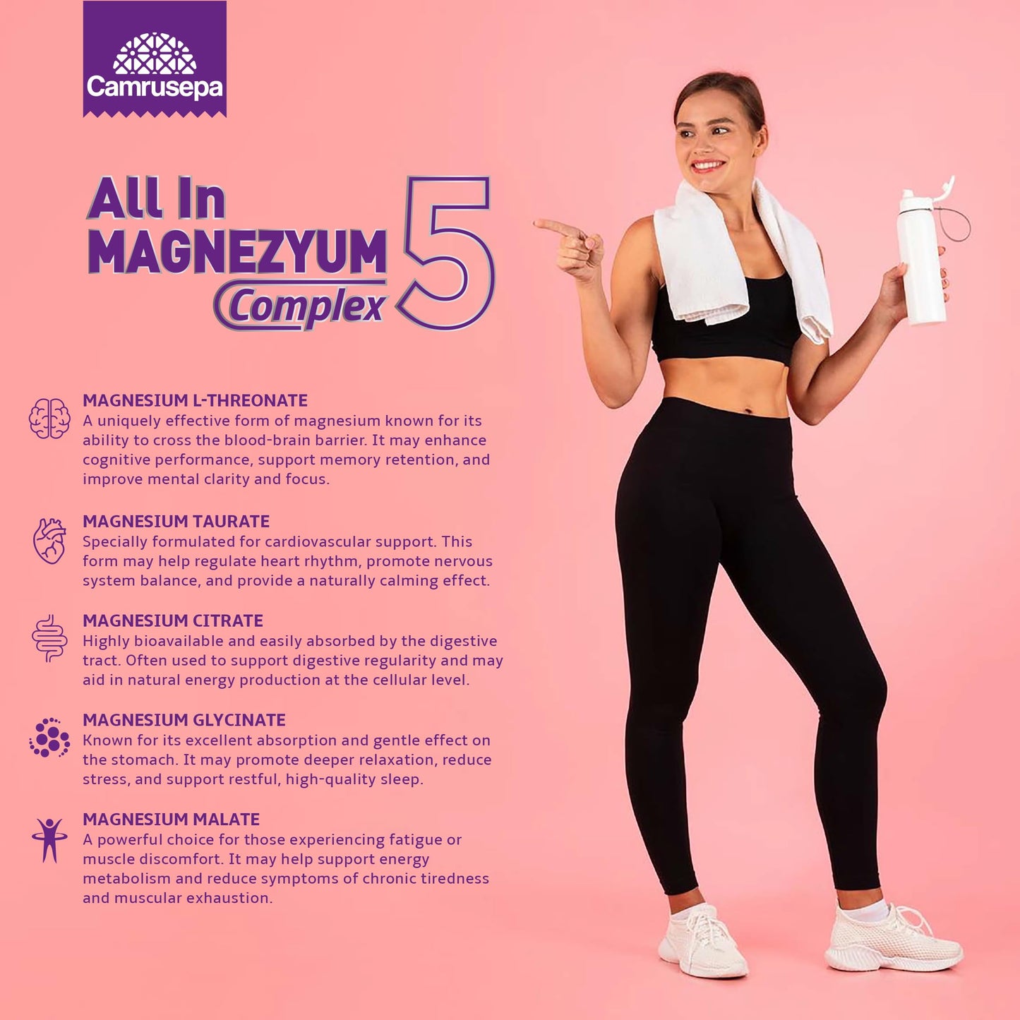 Camrusepa All in Magnesium Complex 5 – Five Forms of Magnesium (L-Threonate, Taurate, Citrate, Glycinate, Malate) – Supports Muscle Function, Nerve Support & Energy Production, 60 Tablets