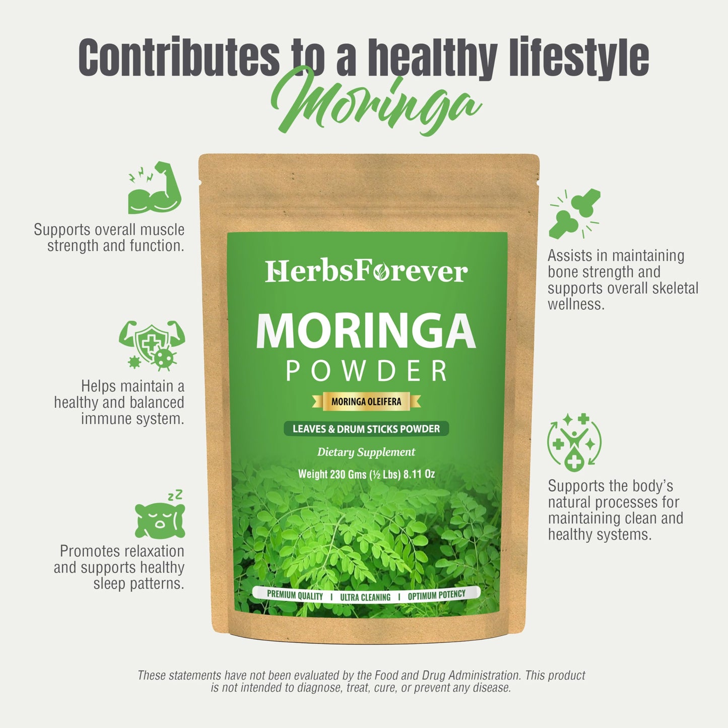 Herbsforever Moringa Oleifera Leaf & Drum Stick Powder, 8.11 oz