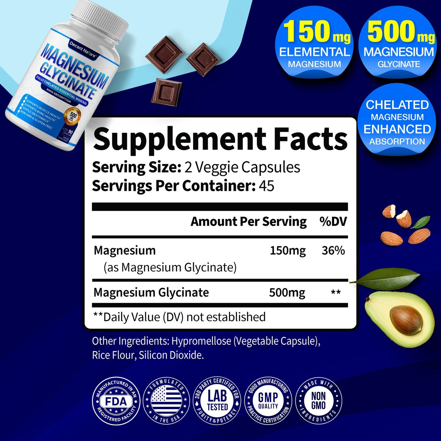 DECENT NATURE Magnesium Glycinate 500mg Magnesium Supplement - Chelated for High Absorption & Bioavailability, Vegan Non-GMO, 90 Capsules