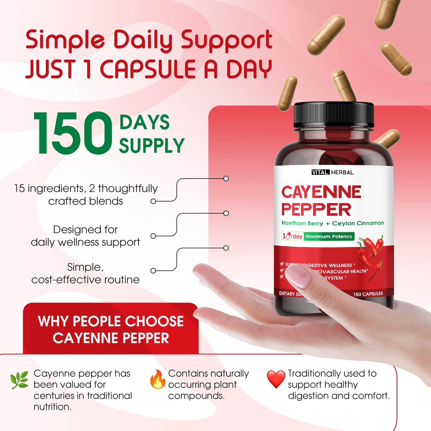 VITAL HERBAL Cayenne Pepper with Hawthorn Berry & Ceylon Cinnamon, 150 Capsules