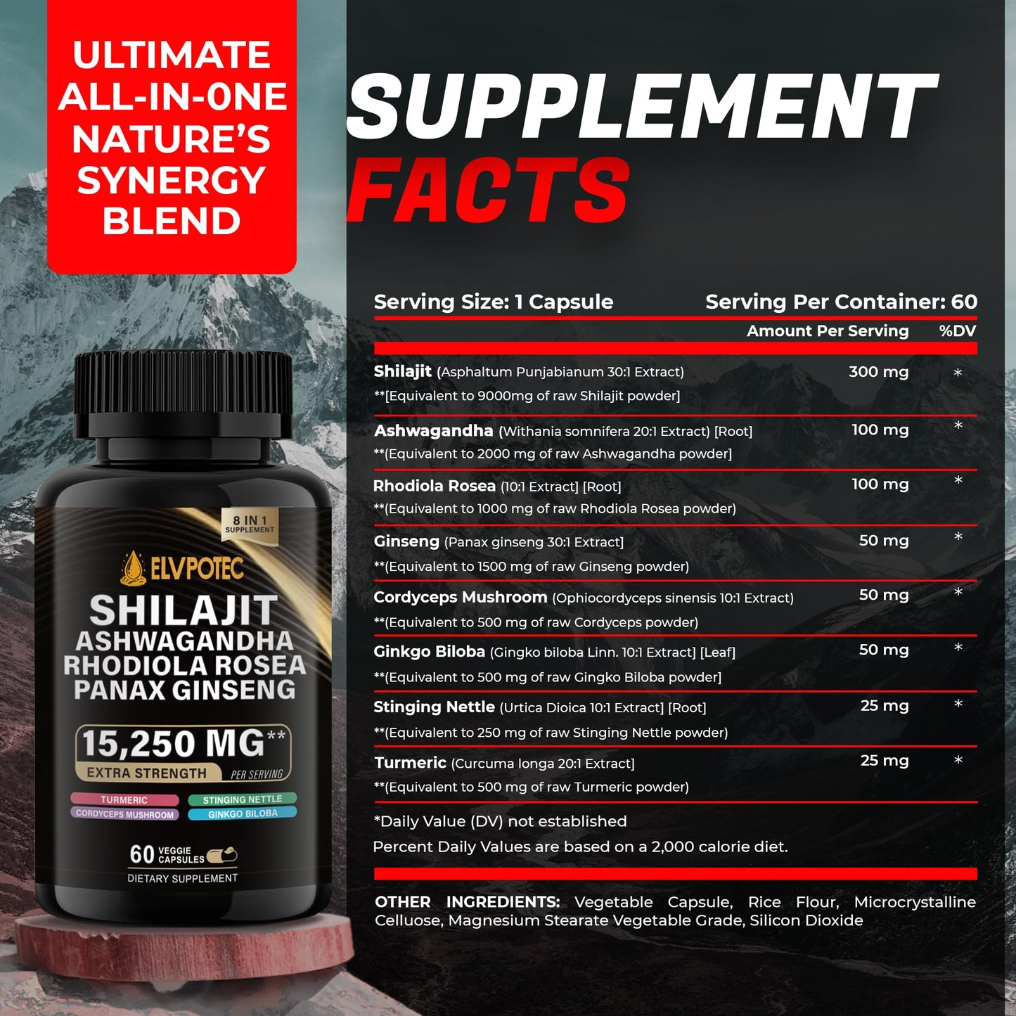 ELVPOTEC Shilajit & Adaptogen Capsule Complex, 60 Capsules