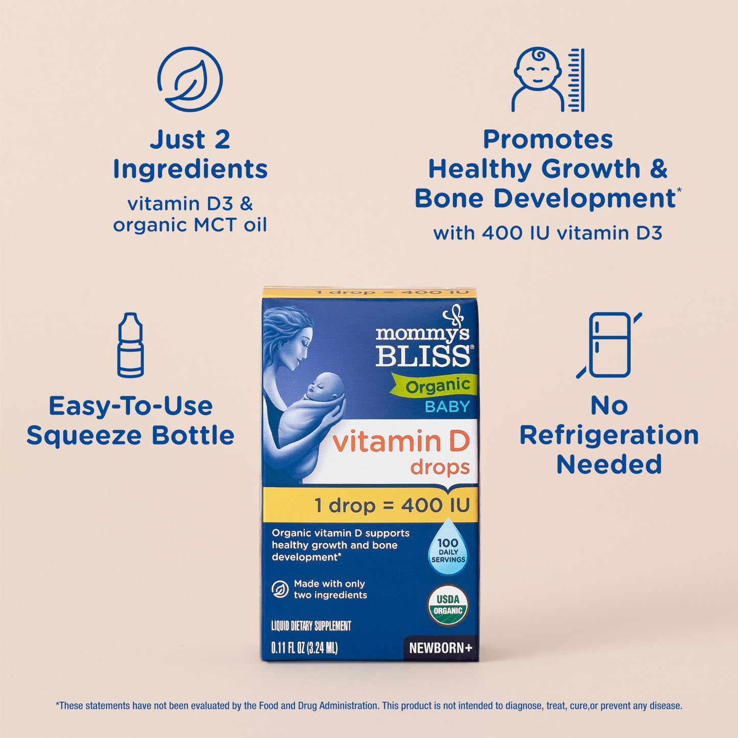 Mommy's Bliss Organic Baby Vitamin D Drops | Infant Vitamin D3 Drops Promote Healthy Growth and Bone Development | Newborn+ | 0.11 Fl Oz (100 Servings) | Pack of 2