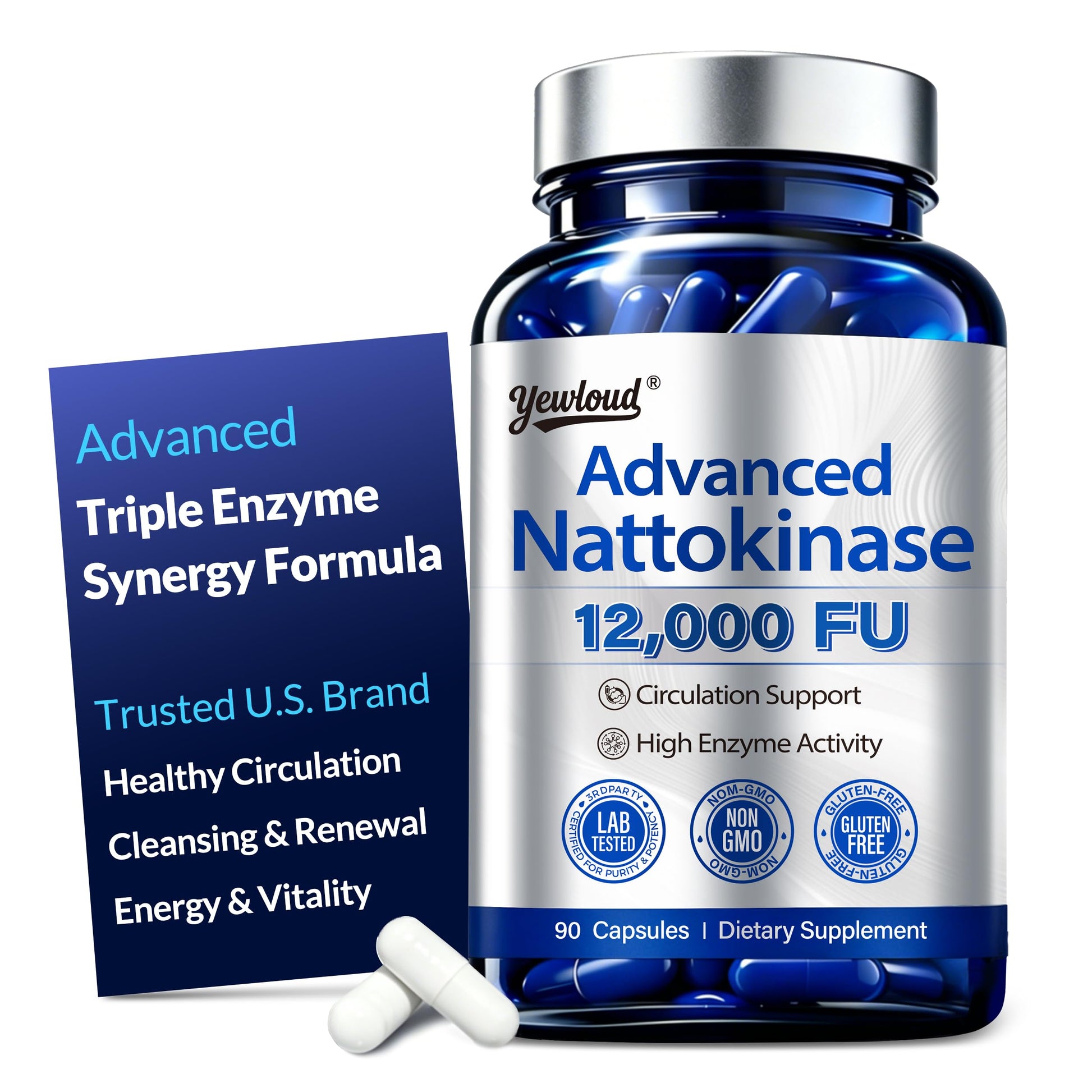 Yewloud Nattokinase 12,000 FU Serrapeptase 360,000 SPU Lumbrokinase 10,000 FUV Triple Enzyme Supplement Capsules, 90 Count