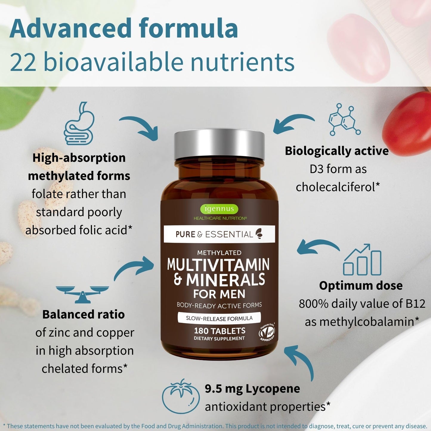 Igennus Healthcare Nutrition Methylated Men's Multivitamin with 22 Actives Tablets, 180 Count