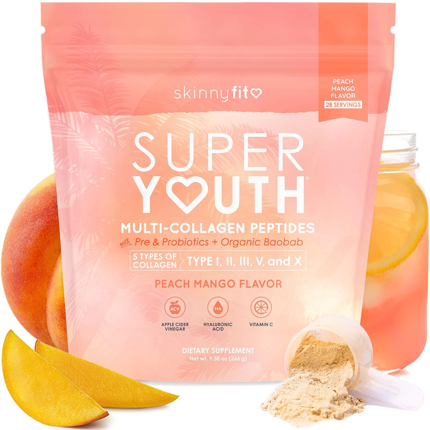SkinnyFit Super Youth Collagen for Women - Multi Collagen Peptides Powder - Probiotics, Fiber, Hyaluronic Acid, 10.9 Ounce