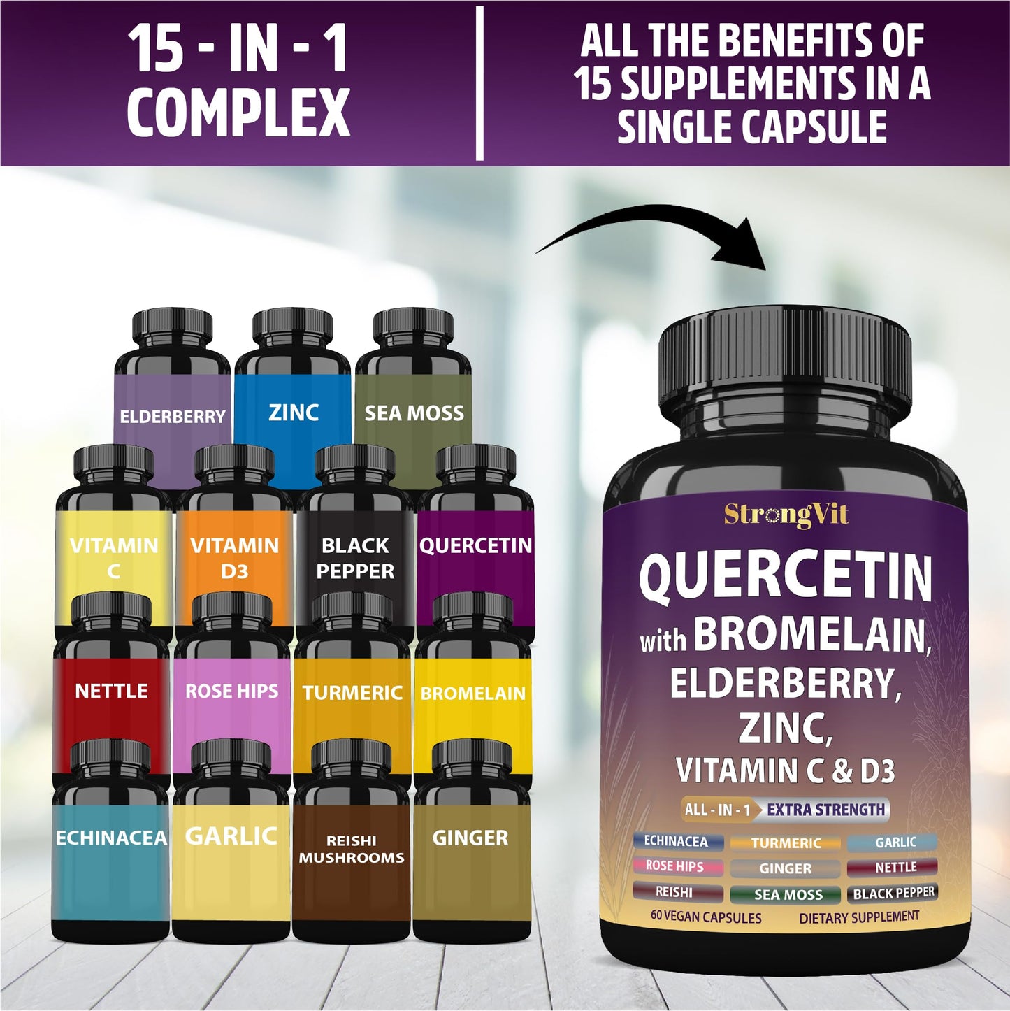StrongVit Quercetin with Bromelain, Elderberry, Vitamin C, D3 and Zinc 60 Capsules