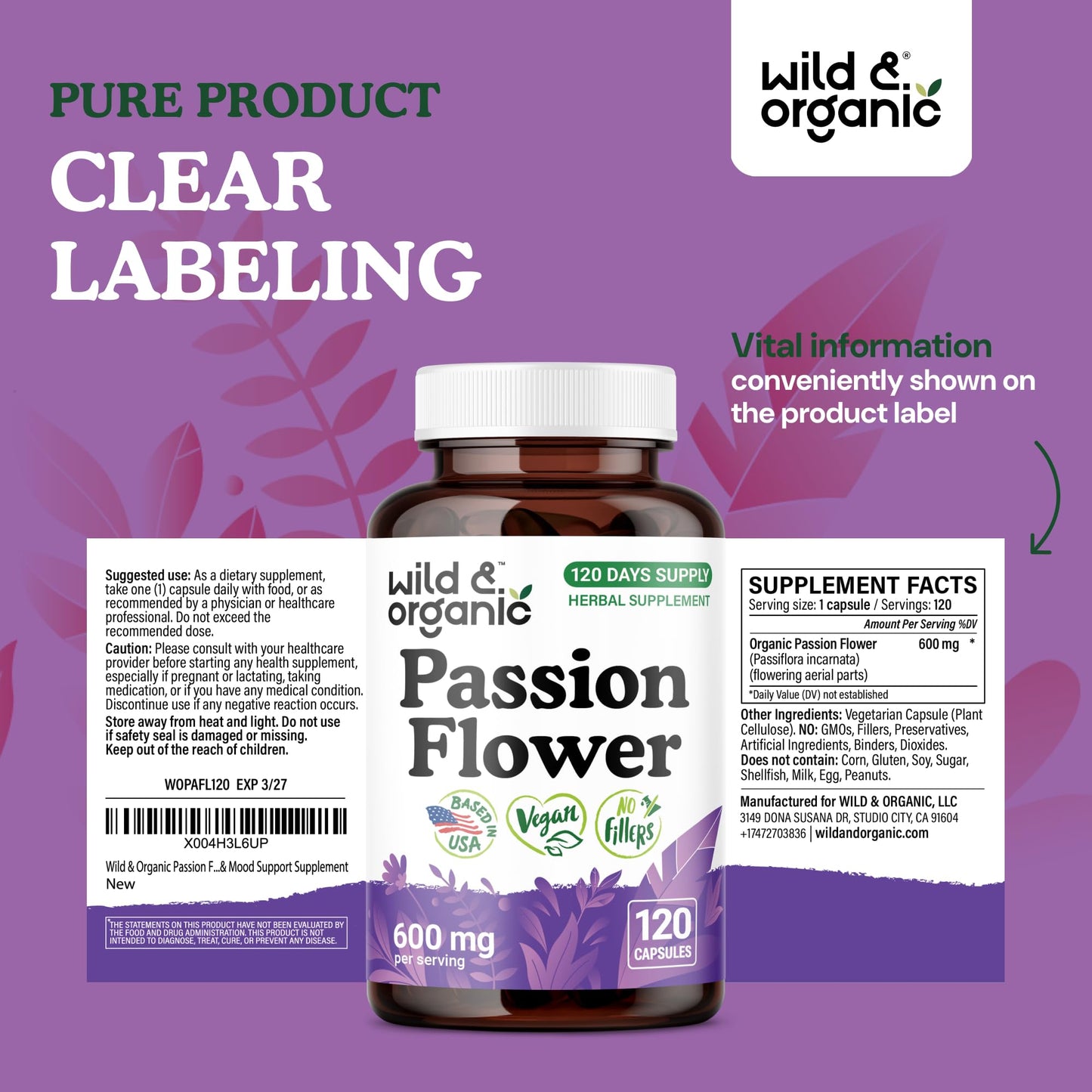 Wild & Organic Passion Flower Extract Capsules 600 mg 120 Count