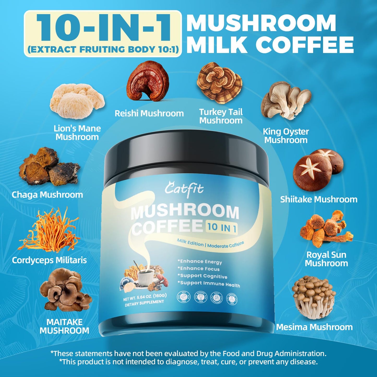 Catfit Instant Mushroom Coffee Powder, 10-in-1 Adaptogen Blend with Lion's Mane, Chaga & Cordyceps for Energy, Focus, Gut Health & Immune Support, 5.5 Ounce, 52 Servings