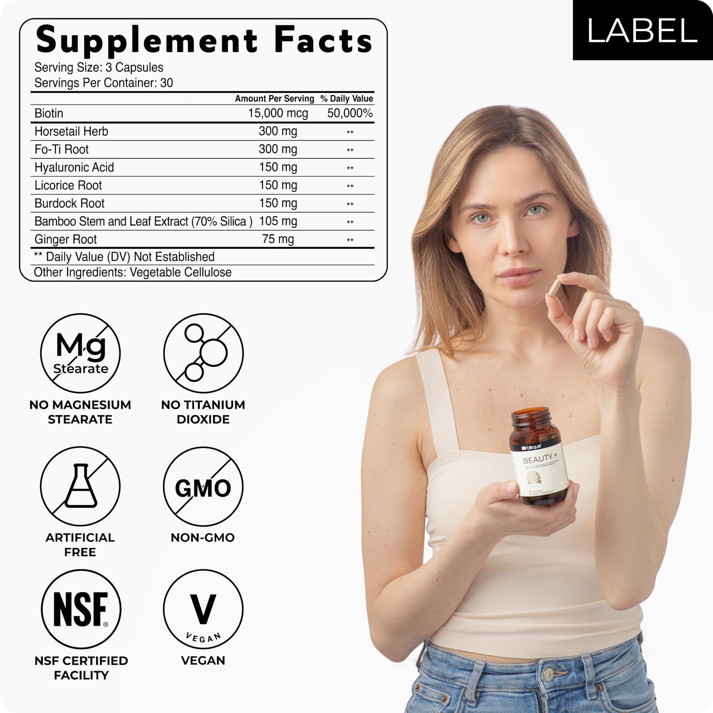 Blisque Natural Beauty Supplement for Nail Strength, Hair Growth, and Skin Care with Biotin & Hyaluronic Acid Capsule, 90 Count