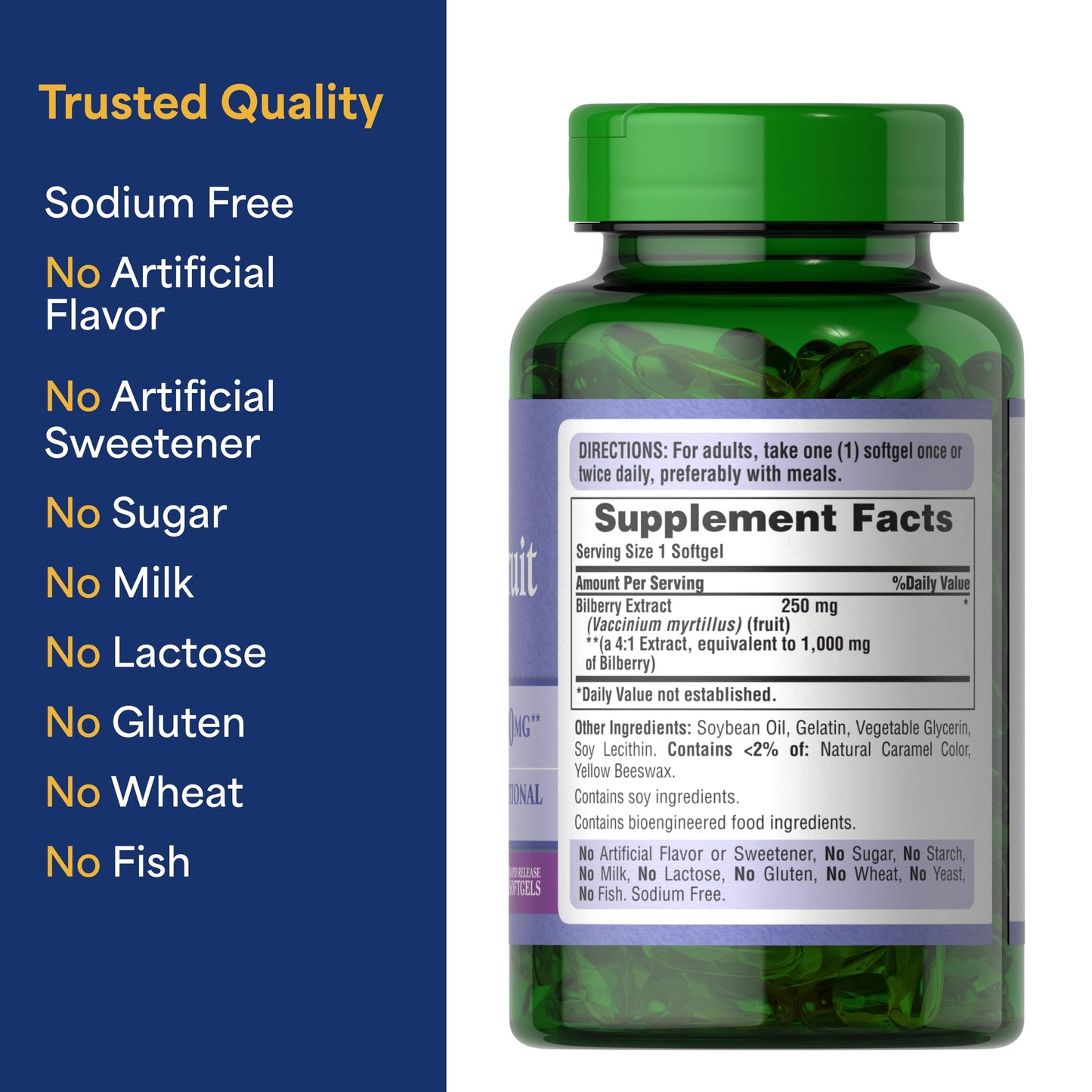 Puritan's Pride Bilberry Fruit Extract 250mg Softgels, 180 Count