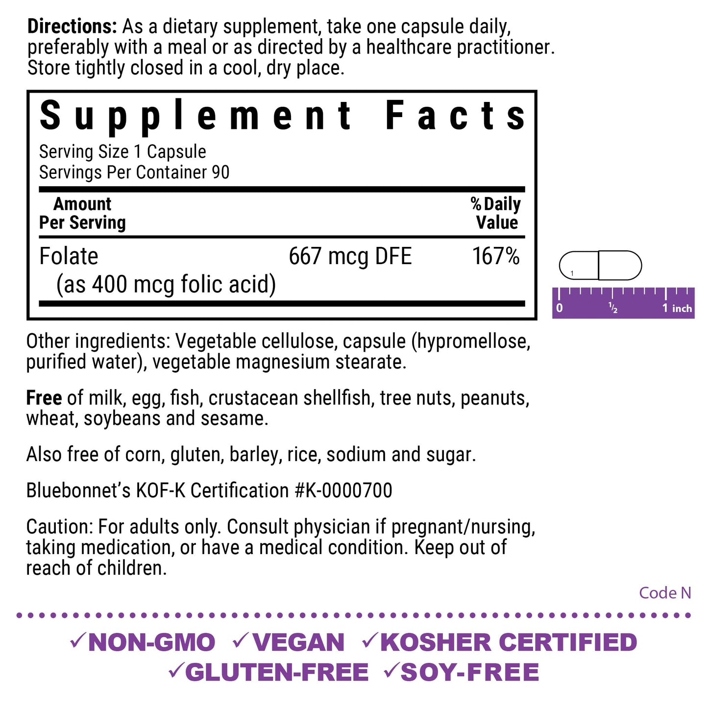 BlueBonnet Folic Acid 400 mcg Prenatal & Postnatal Health Capsules, 90 Count