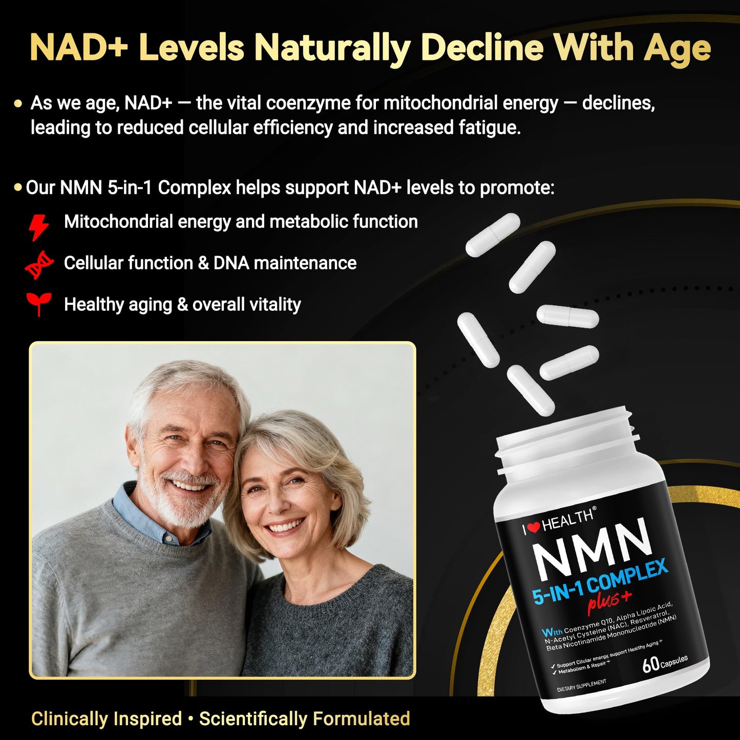 I LOVE HEALTH NMN Complex Plus+ for Women & Men with NAC, Alpha Lipoic Acid, CoQ10 & Resveratrol – 5-in-1 Cellular Energy & Healthy Aging Support – 60 Capsules