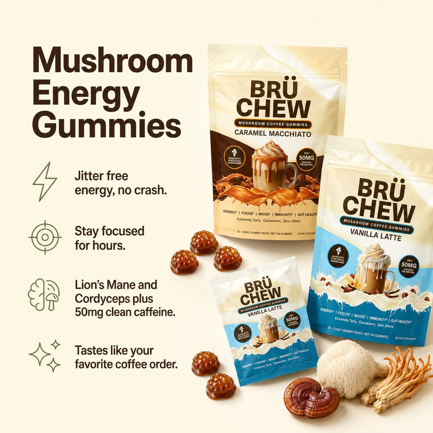 BruChew Mushroom Coffee Chewables Gummy 56 Count