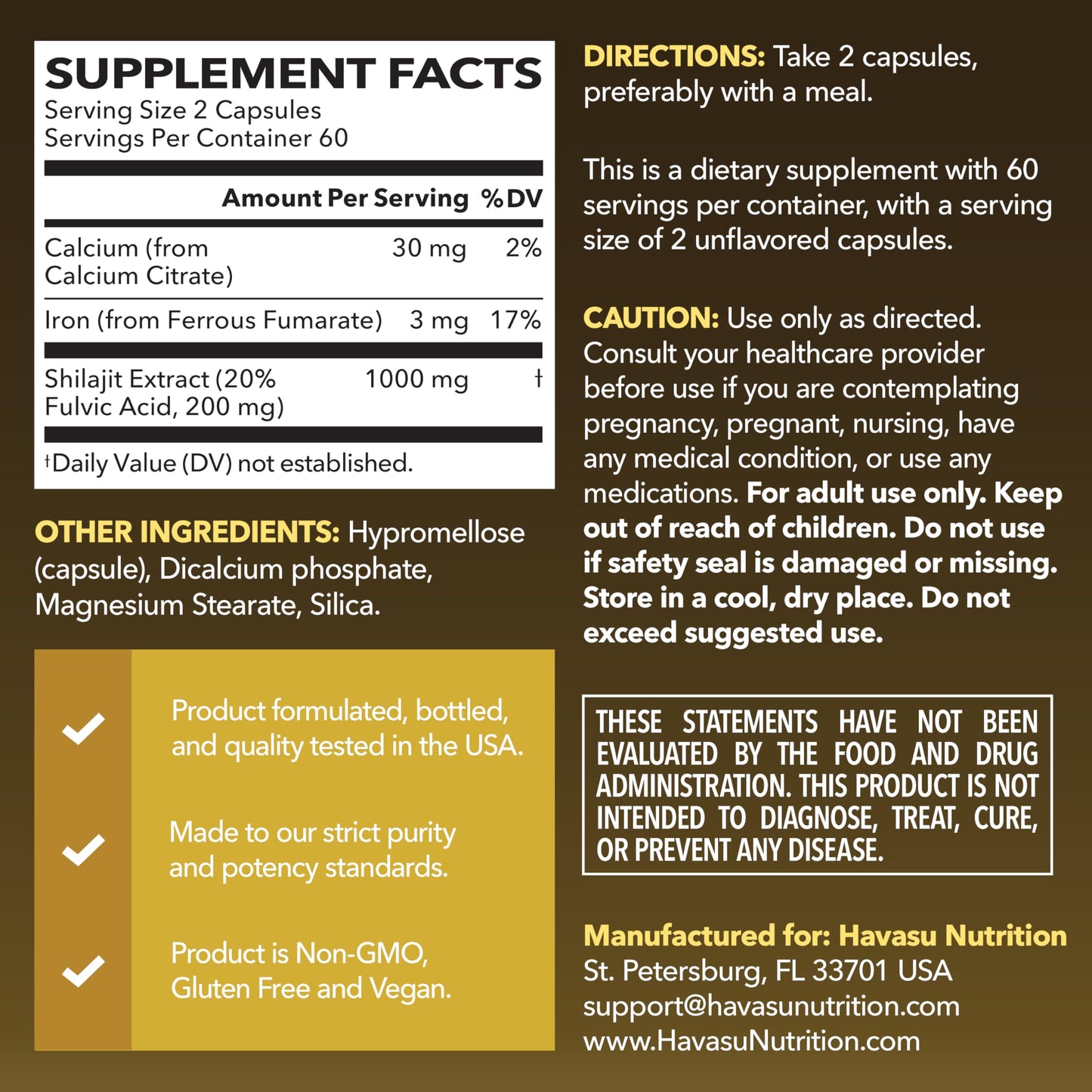 HAVASU NUTRITION Shilajit Capsules 1000mg Shilajit Extract (Standardized to 20% Fulvic Acid) 120 Count