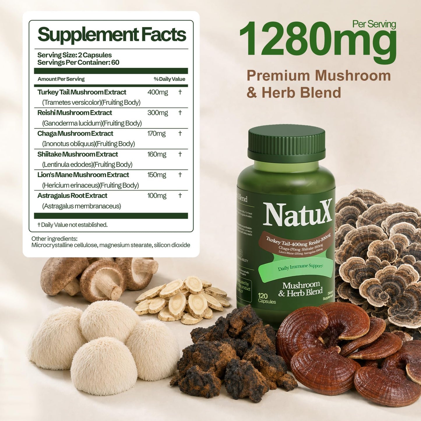 NatuX Mushroom Supplement Capsules for Immune Support, Beta-Glucans, 120 Capsules