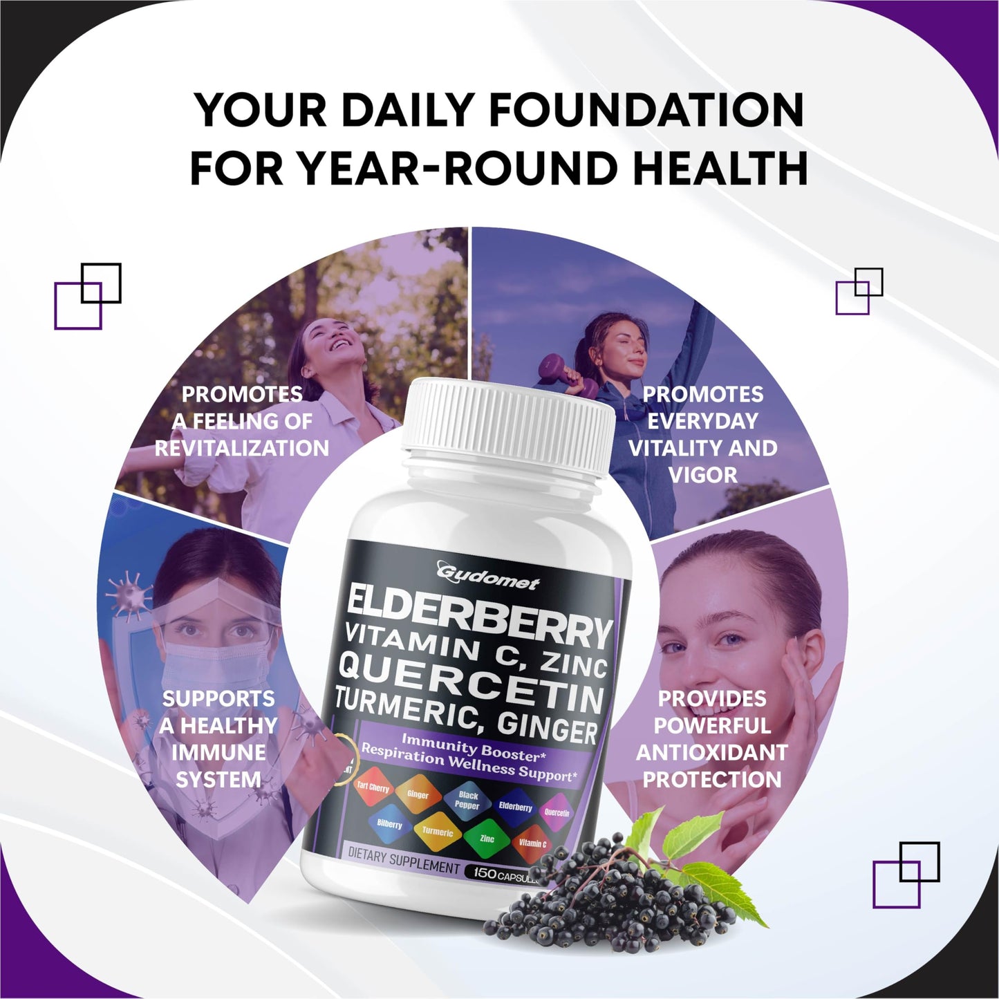 GUDOMET Elderberry Quercetin Bilberry Turmeric Tart Cherry Ginger Vitamin C Vitamin D3 Zinc Black Pepper Capsules 150