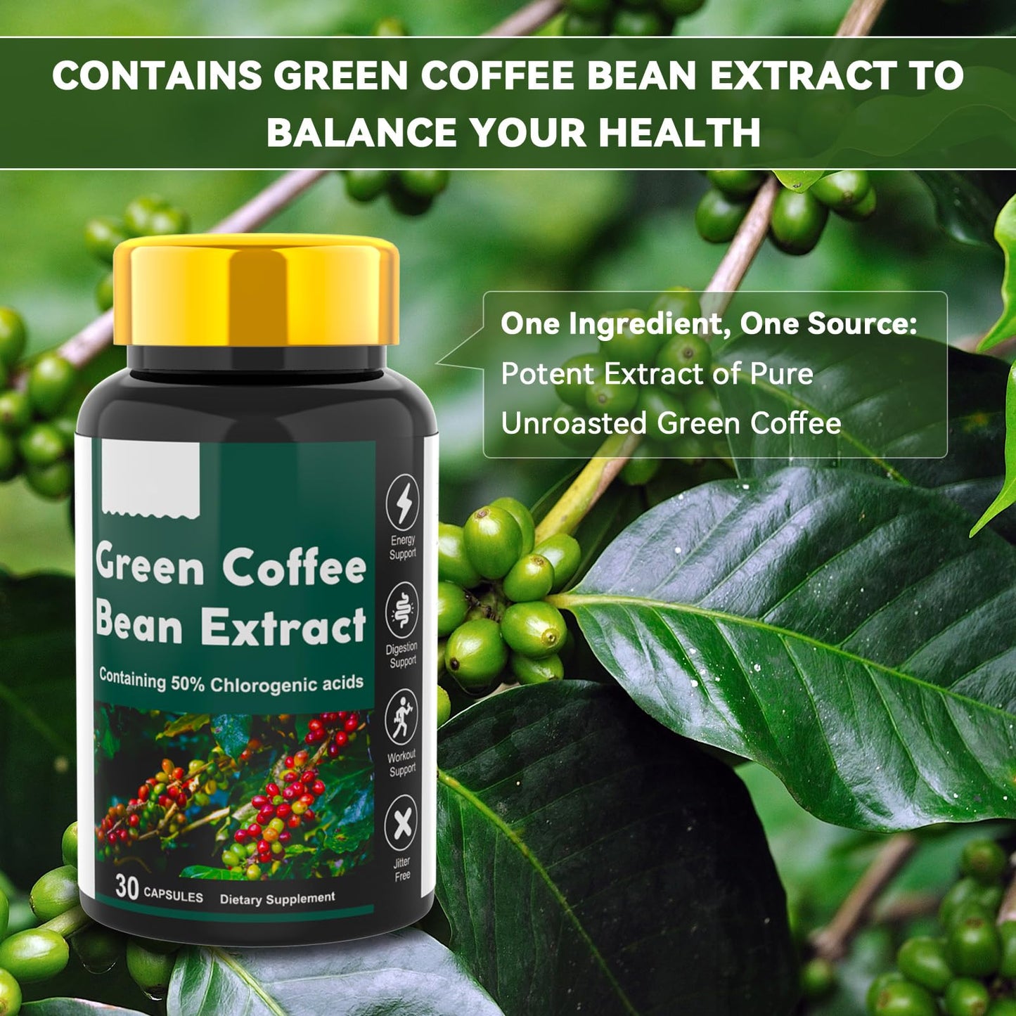 Dr. HR Green Coffee Bean Extract 50% Chlorogenic Acids, Energy and Digestion Support, Jitter Free Capsule, 1 Count