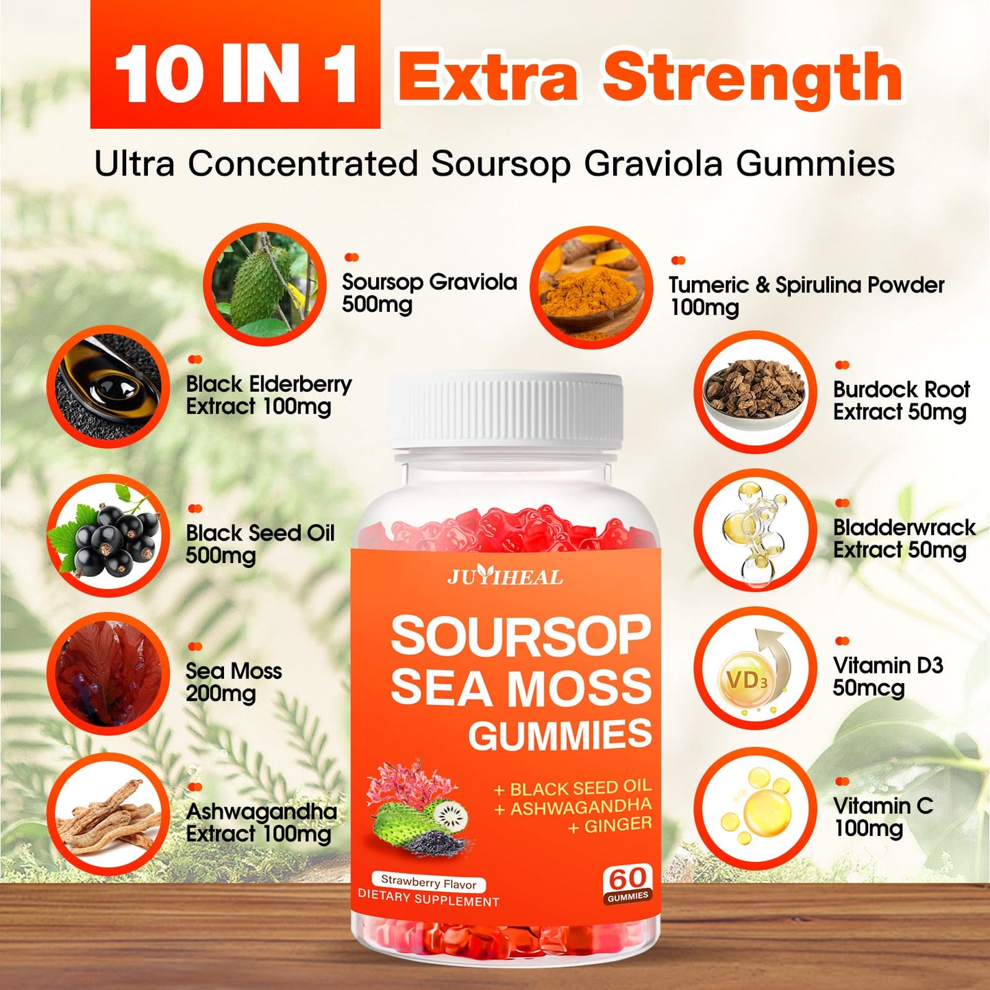 JUYIHEAL Soursop Graviola with Sea Moss Gummies, 10-in-1 Soursop Gummies with Vitamin C, Zinc for Immunity and Antioxidant, 60 Capsules