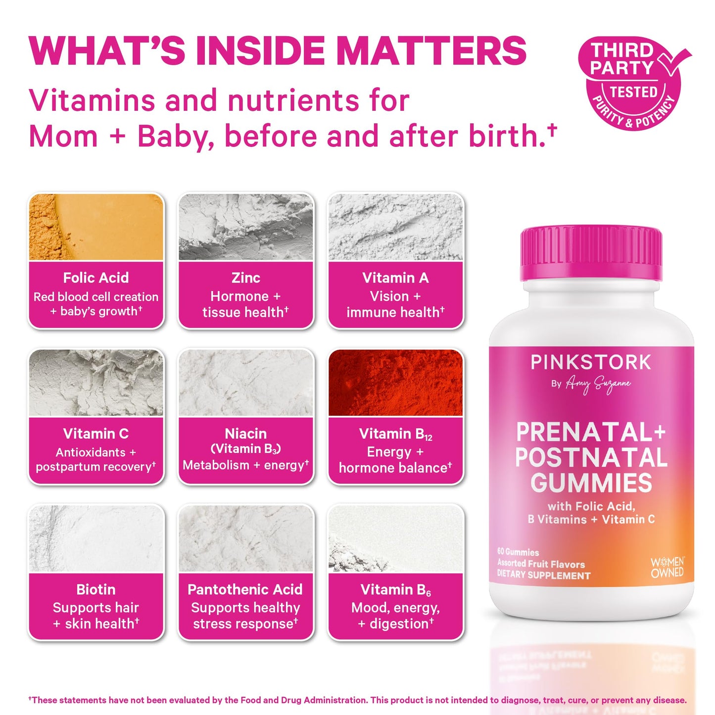 Pink Stork Fertility + Prenatal + Postnatal Gummy Vitamins – Full Motherhood Journey Support – Multivitamin with Folate, B Vitamins, Zinc & Biotin – Postpartum Essentials, 60 Gummies