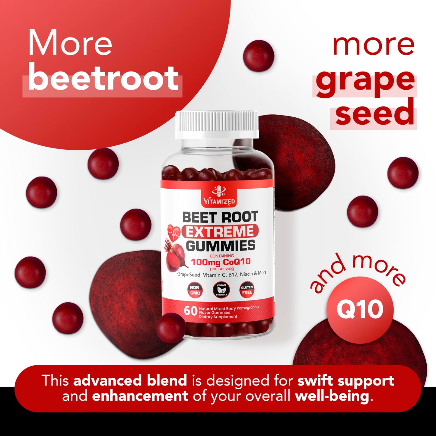 VITAMIZED Extreme Beetroot Formula & COQ10 100mg with Grape Seed Extract Gummies 60 Count