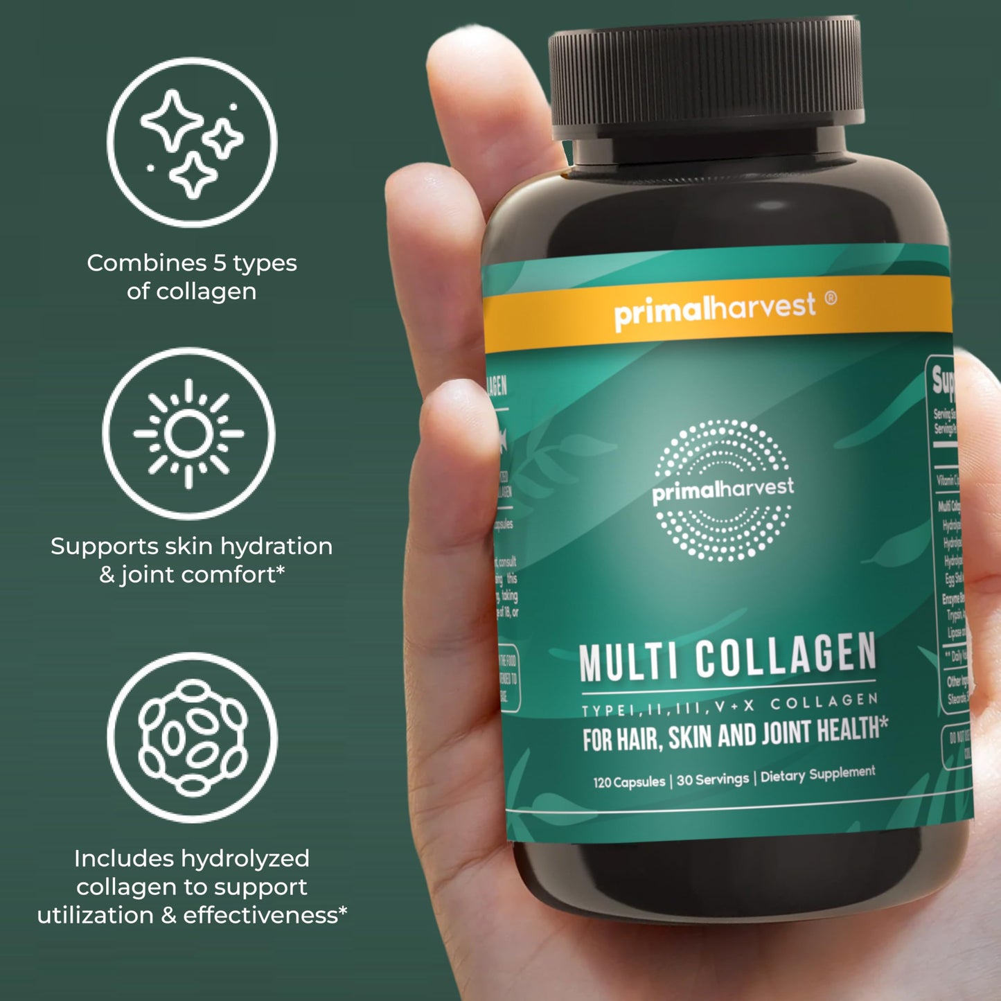 Primal Harvest Multi Collagen Pills for Women and Men (Type I, II, III, V, X) Capsules, 240 Count