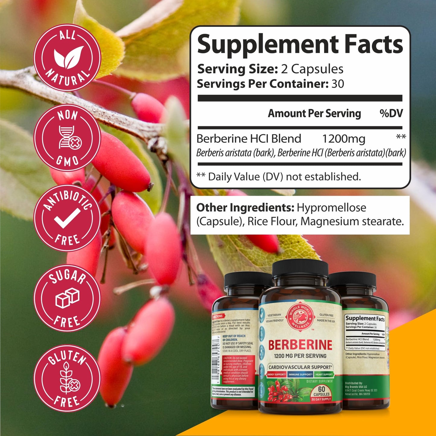 WHOLE WORLD WELLNESS Berberine 1200mg Herbal Health Capsules, 60 Count