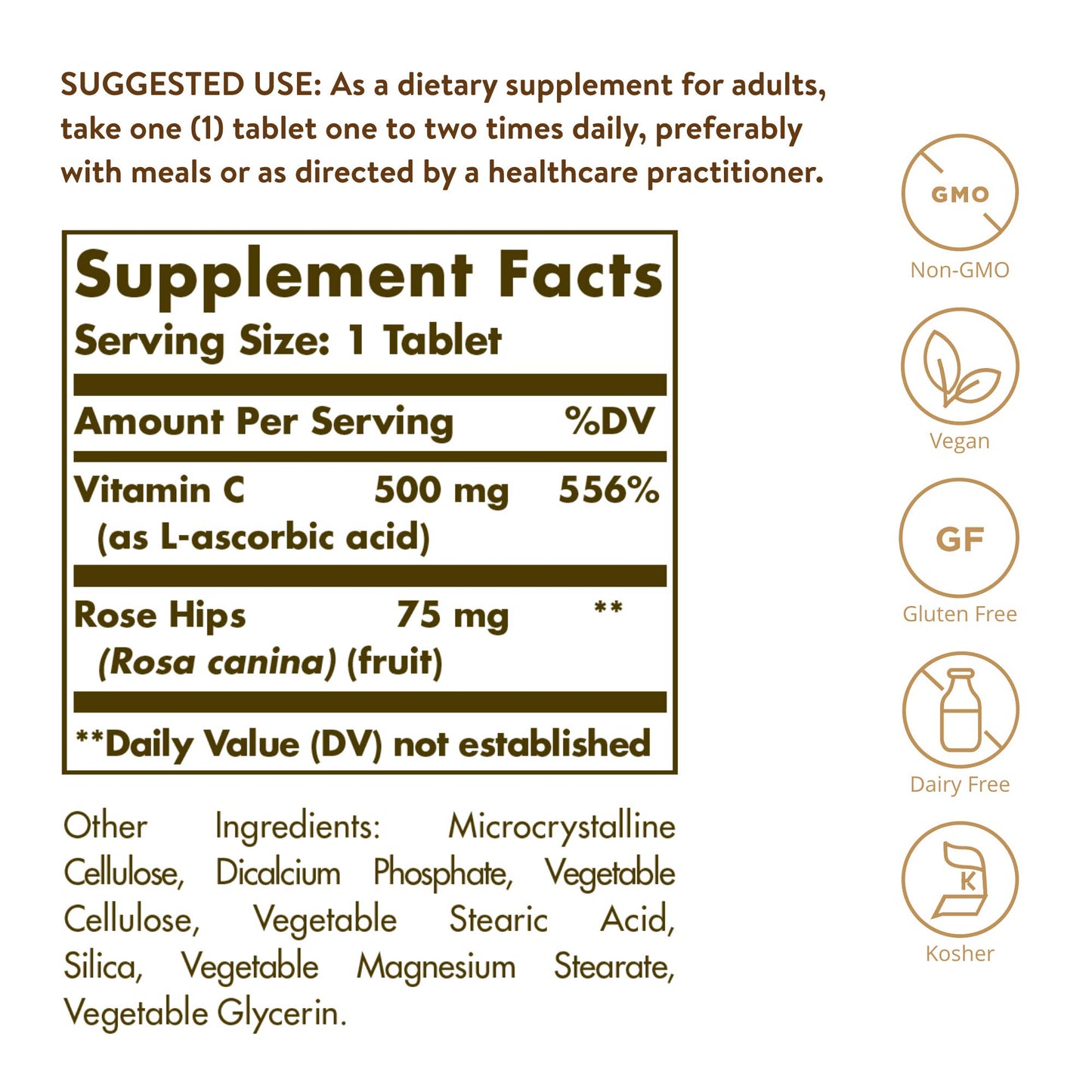 Solgar Vitamin C 500 mg with Rose Hips Tablets, 250 Count