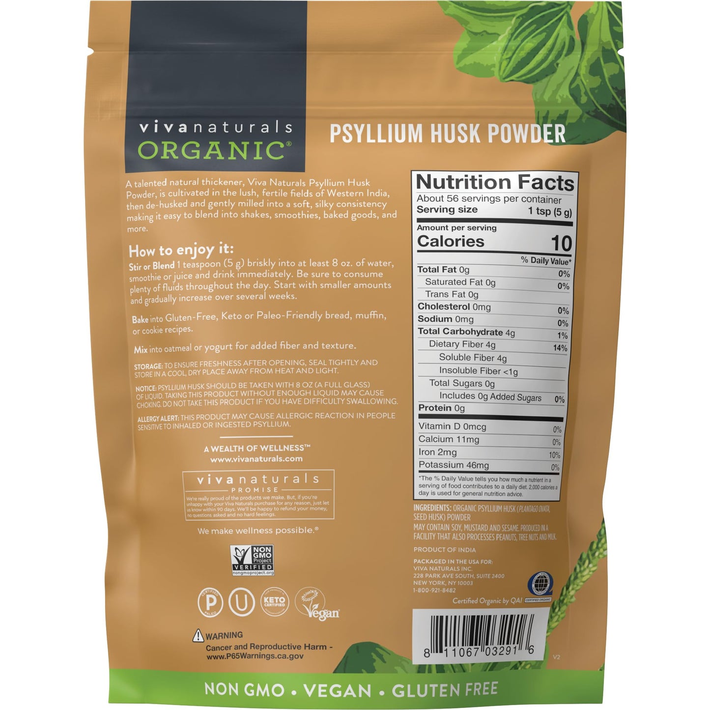Viva Naturals Organic Psyllium Husk Powder, 10 oz – Finely Ground, Unflavored, Vegan, Keto, Paleo, Non-GMO Plant-Based Superfood, Good Source of Fiber for Gluten-Free Baking, Juices & Smoothies