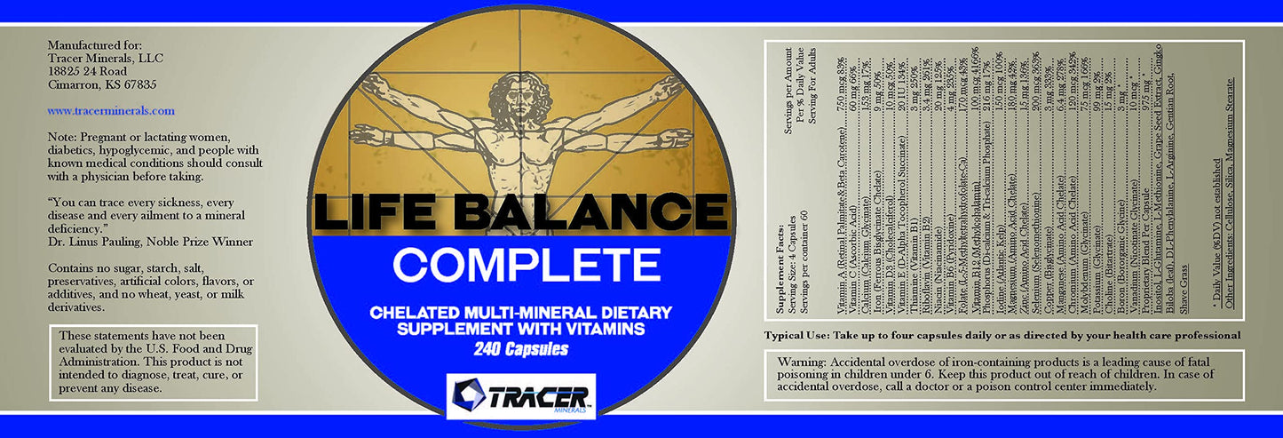 Tracer Minerals Life Balance Complete Chelated Multi-Mineral Dietary Supplement with Vitamins and Real Amino Acid Chelated Trace Minerals, 240 Capsules