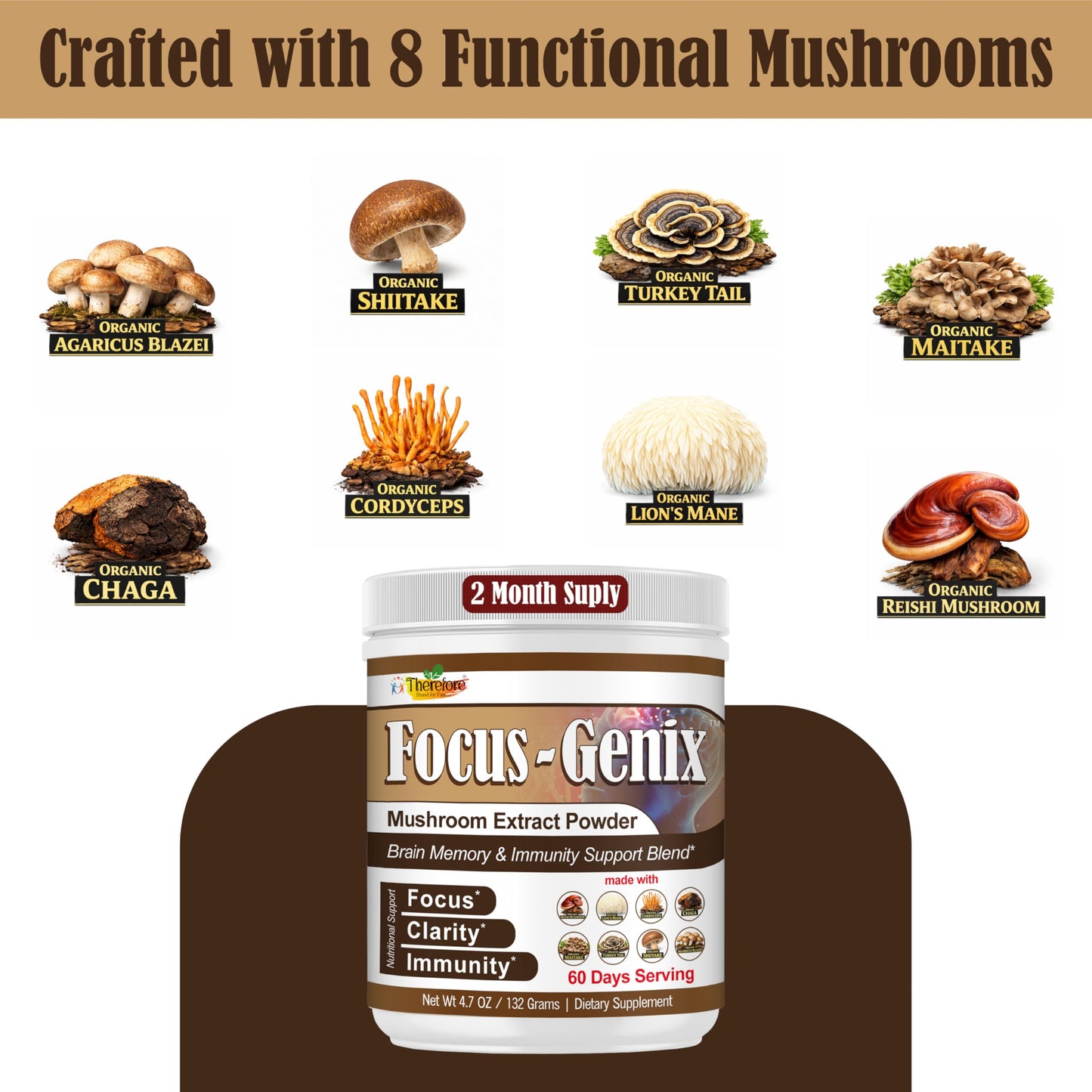 Therefore Lion’s Mane Mushroom Powder Supplement – 10 Mushroom Complex with Reishi, Chaga, Cordyceps & Turkey Tail – Vegan Non-GMO, 4.7 Ounce