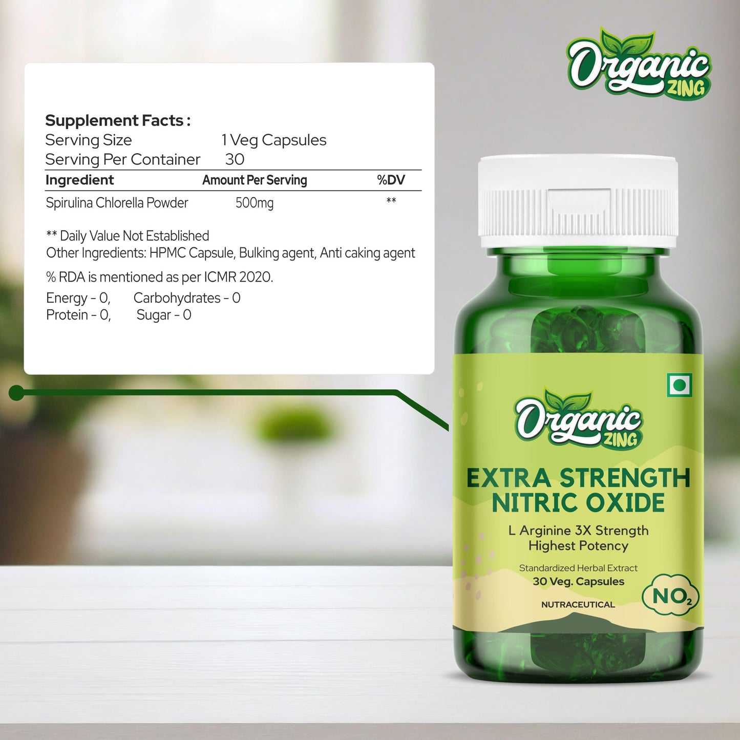 Organic Zing Extra Strength Nitric Oxide Supplement L Arginine Highest Potency, 30 Capsules