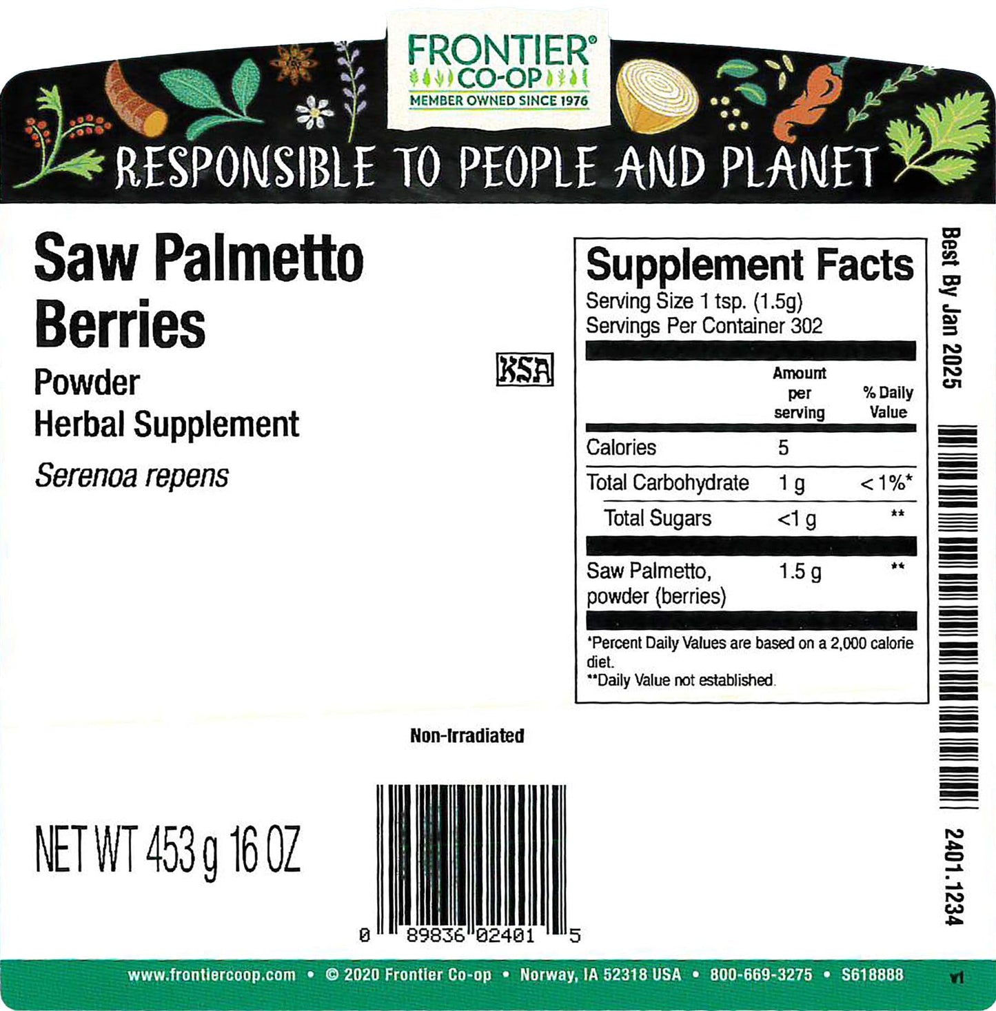 Frontier Co-op Saw Palmetto Berries Powder, 16 oz