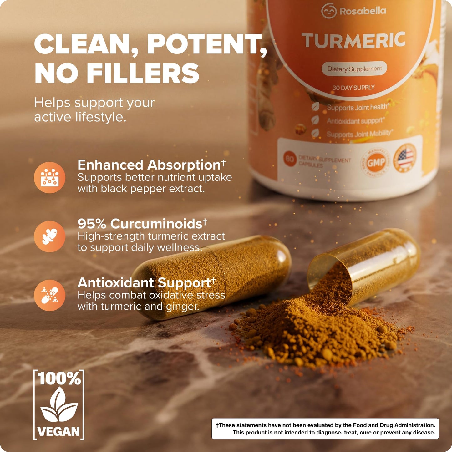 Rosabella Turmeric Curcumin Supplement Capsules, 60 Count