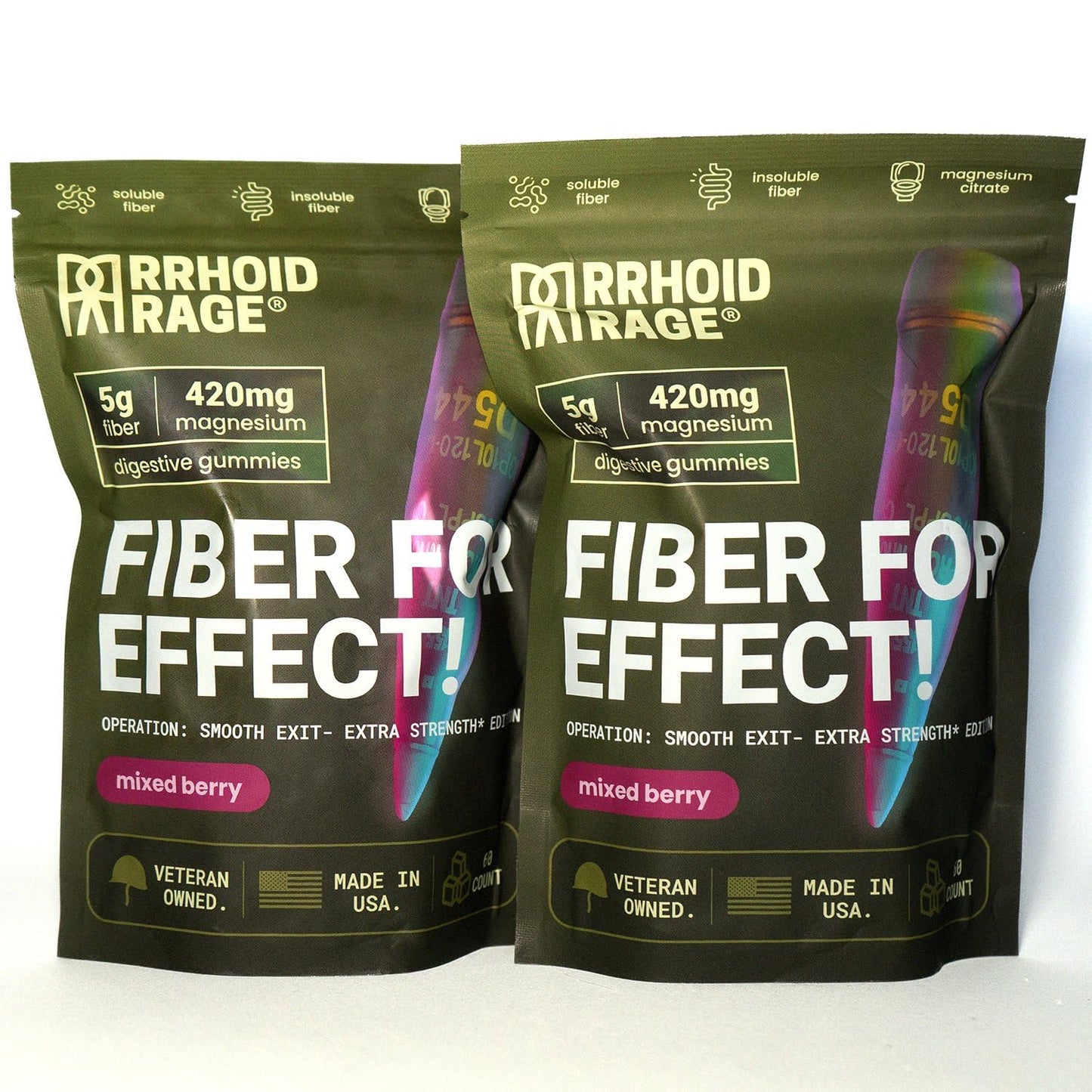 Rrhoid Rage Fiber Extra Strength Gummies with Magnesium Citrate – Mixed Berry Flavor – Gut & Digestive Support – 60 Gummies
